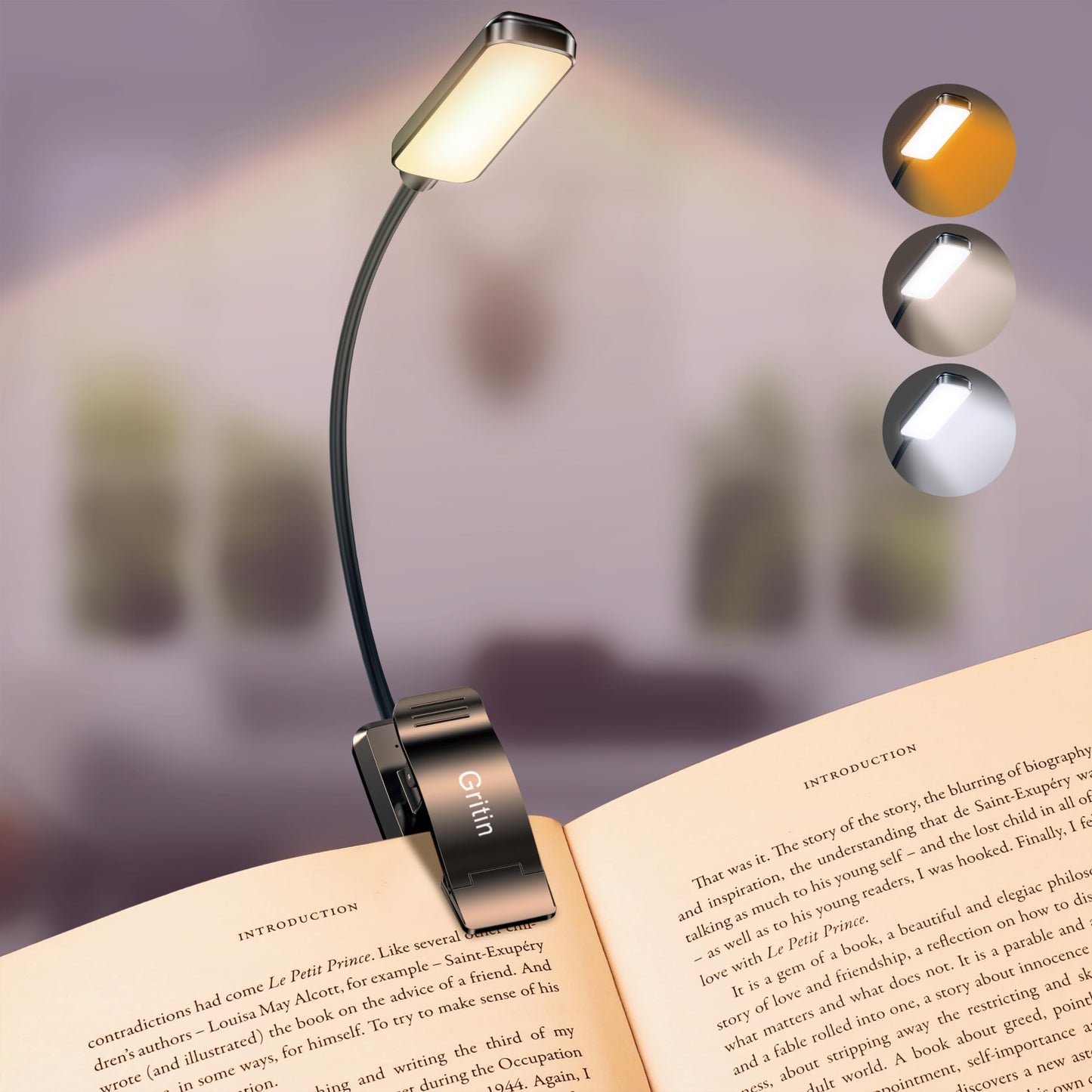 Gritin 9 LED Rechargeable Book Light for Reading in Bed -Eye Caring 3 Color Temperatures,Stepless Dimming Brightness,80 Hrs Runtime Small Lightweight Clip On Book Reading Light for Studying