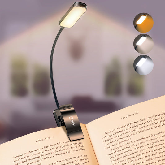 Gritin 9 LED Rechargeable Book Light for Reading in Bed -Eye Caring 3 Color Temperatures,Stepless Dimming Brightness,80 Hrs Runtime Small Lightweight Clip On Book Reading Light for Studying