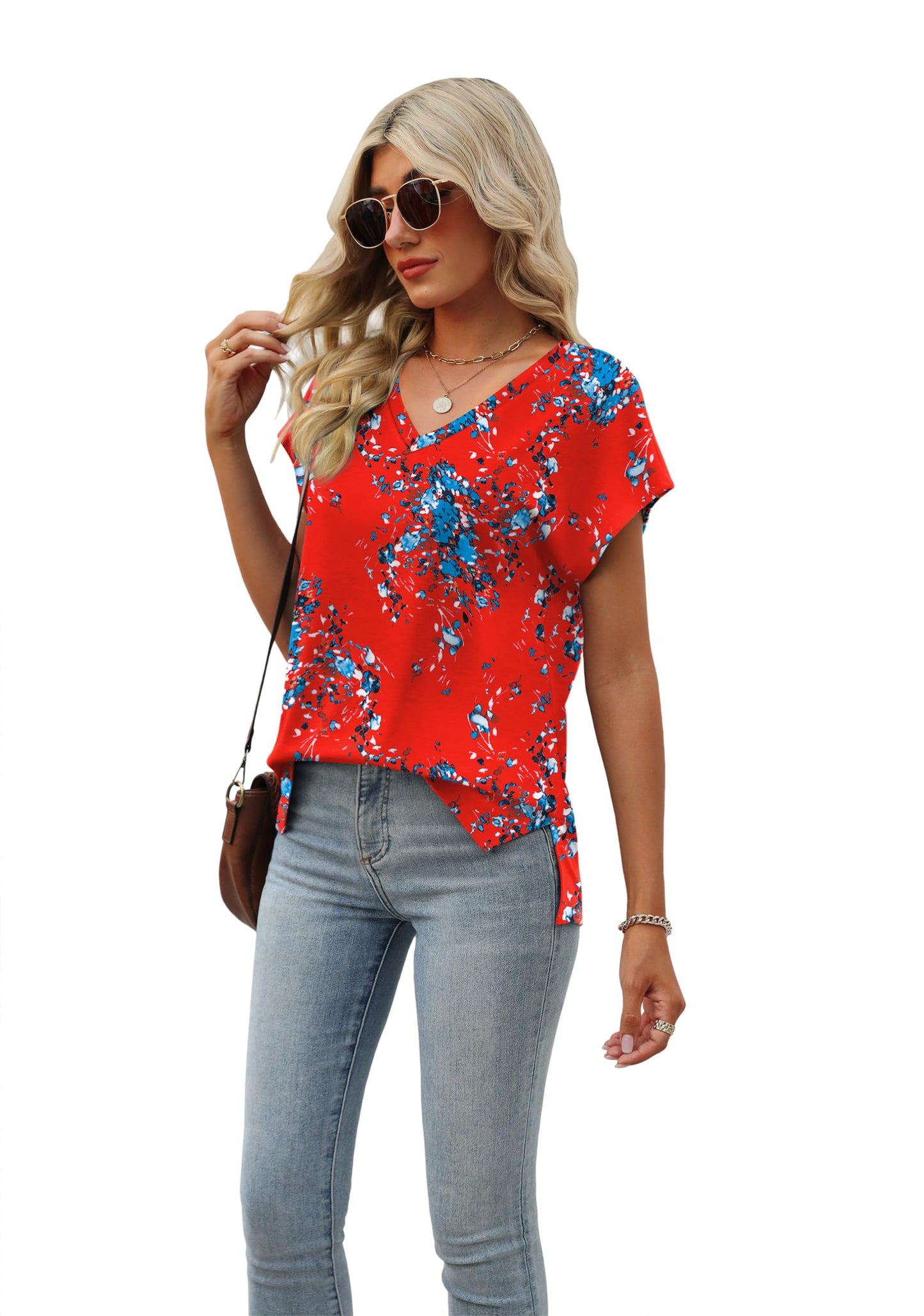 Summer Tops for Women 2024 Cute Dressy Blouses Oversized Shirts for Women Print Red Floral S