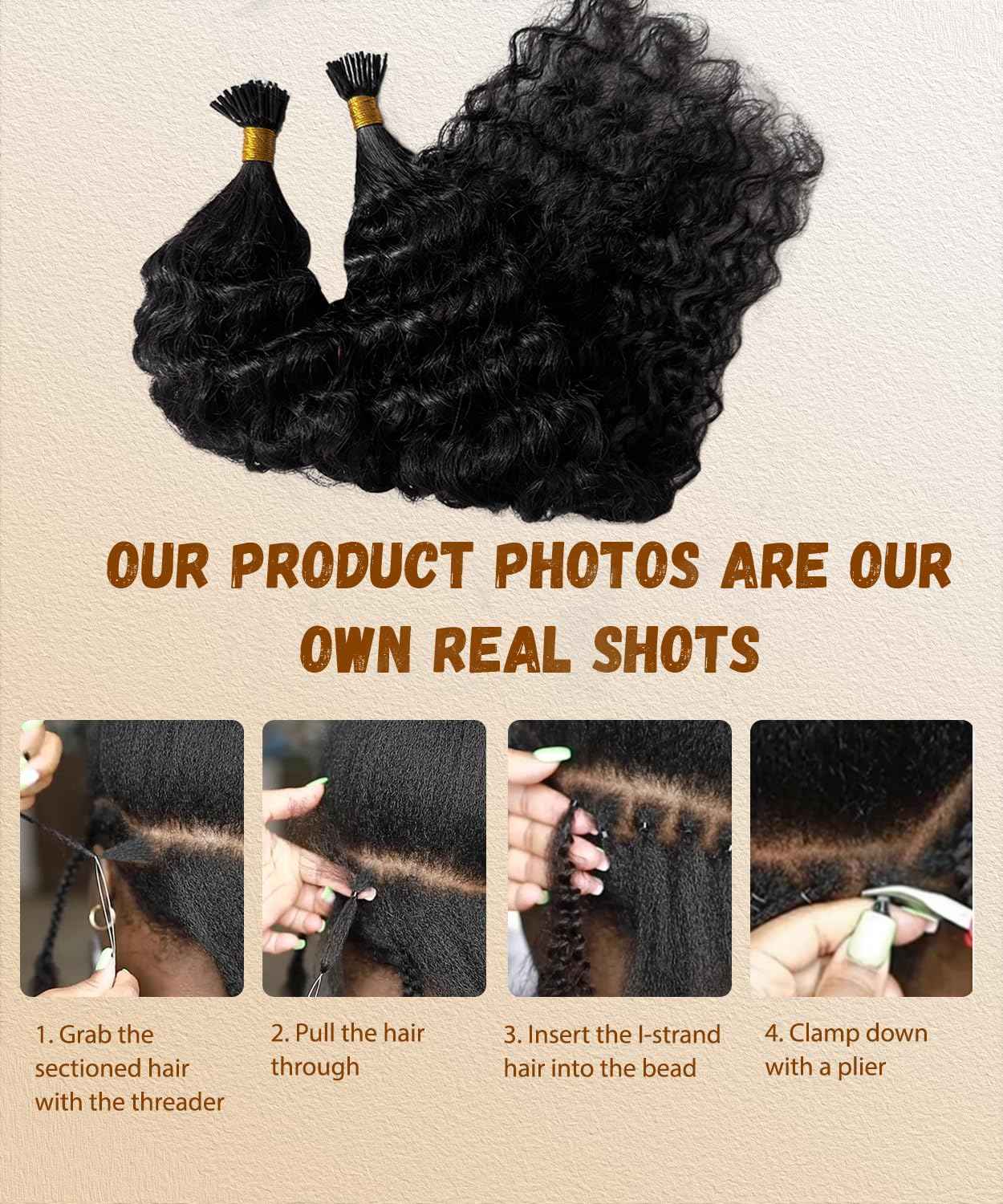 Curly I Tip Hair Extensions Human Hair Water Wave Cold Fusion Itip Flawless Microlinks Hair Extensions Invisible Blends Naturally Individual Strands for Black Women 50G 20Inch Black