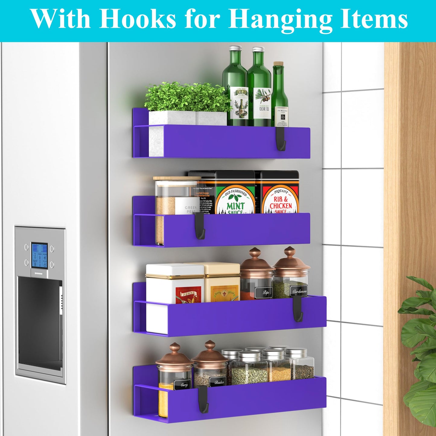 HuggieGems 4 Pack Magnetic Spice Storage Rack Organizer for Refrigerator and Oven, Purple Fridge Organizers and Storage