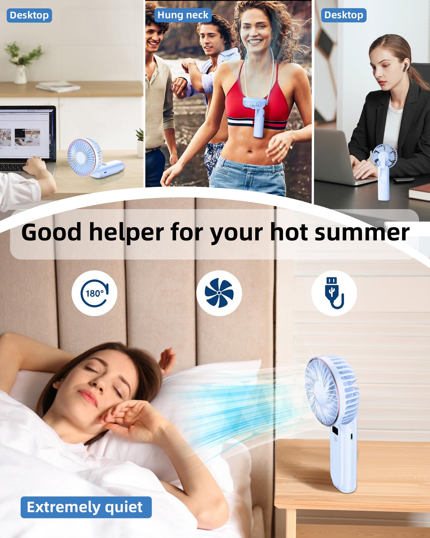 TUNISE Portable Handheld Fan, Portable Fan Rechargeable, 4000mAh, 180° Adjustable, 6 Speed Wind, Display Electricity in Real Time, USB Rechargeable Foldable Fan, Quiet Personal Fan as Power Bank