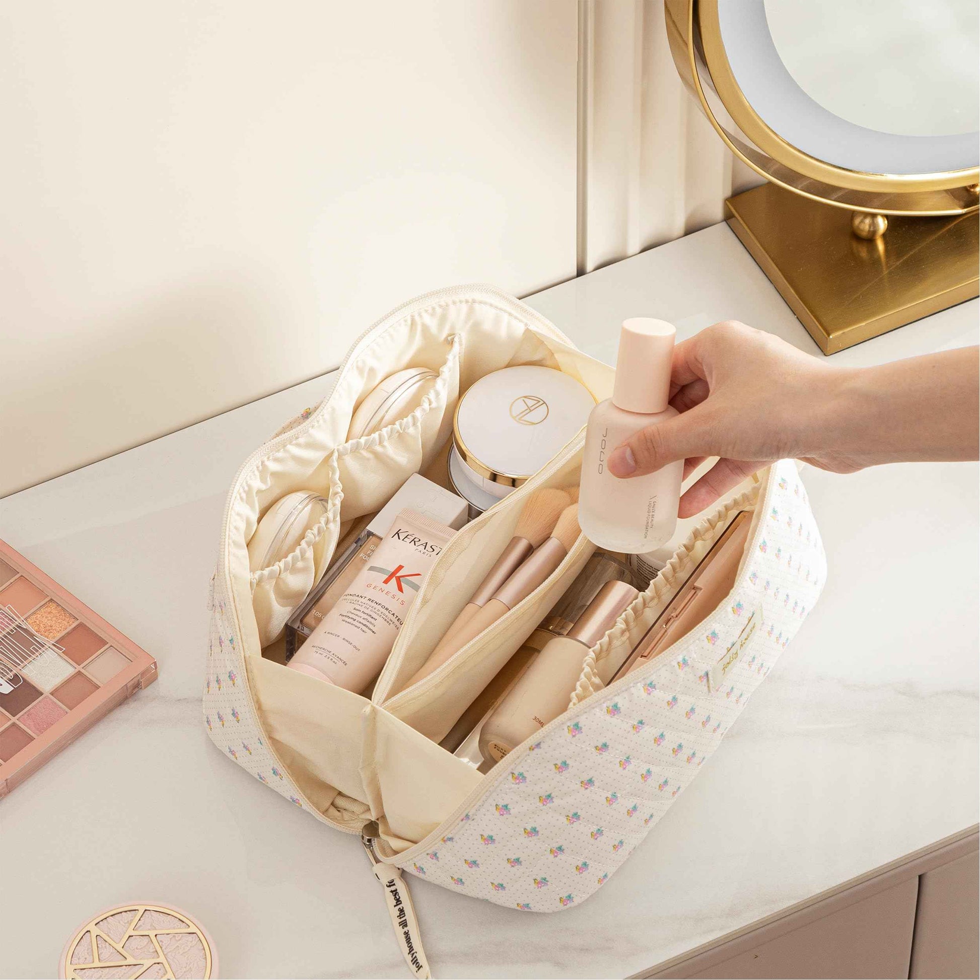 HBselect Quilted Makeup Bag, 3PCS Cotton Large Travel Makeup Bag, Cute Floral Coquette Make up Bag Cosmetic Bag Toiletry Bag for Women Girls