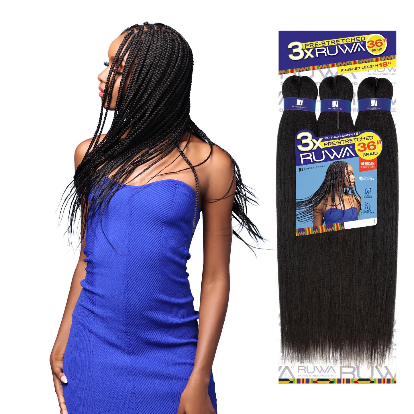 Sensationnel Ruwa prestretched braiding hair - 3x ruwa 18inch water repellent kanekalon fast dry synthetic braid - 3x Ruwa 18 inch (1 pack, SM1B/BG)