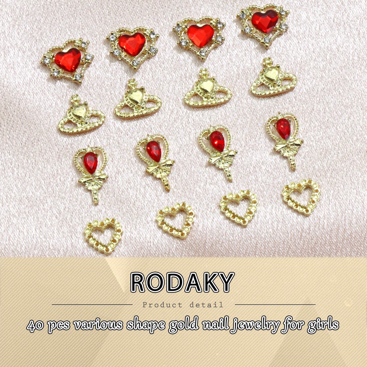 RODAKY 40PCS Valentine's Day 3D Heart Charms Gold Nail Charms Red Crystal Rhinestone Nail Jewels Hollow Heart Crown Shape Nail Gems Decoration Nail Art Supplies for Women and Girls