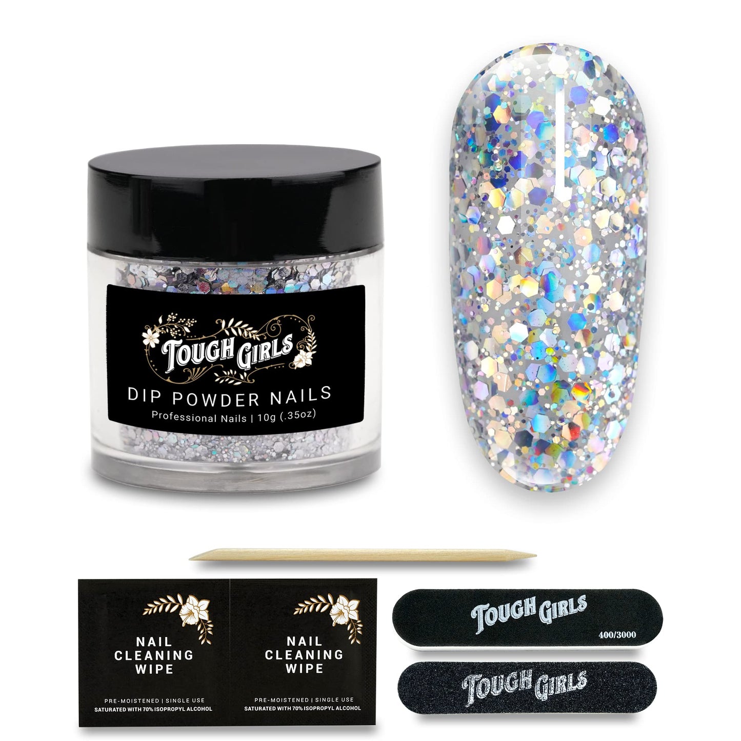 TOUGH GIRLS | Dip Powder | Includes Cuticle Stick, Nail File, Nail Buffer & Nail Wipes (Silver Glitter)