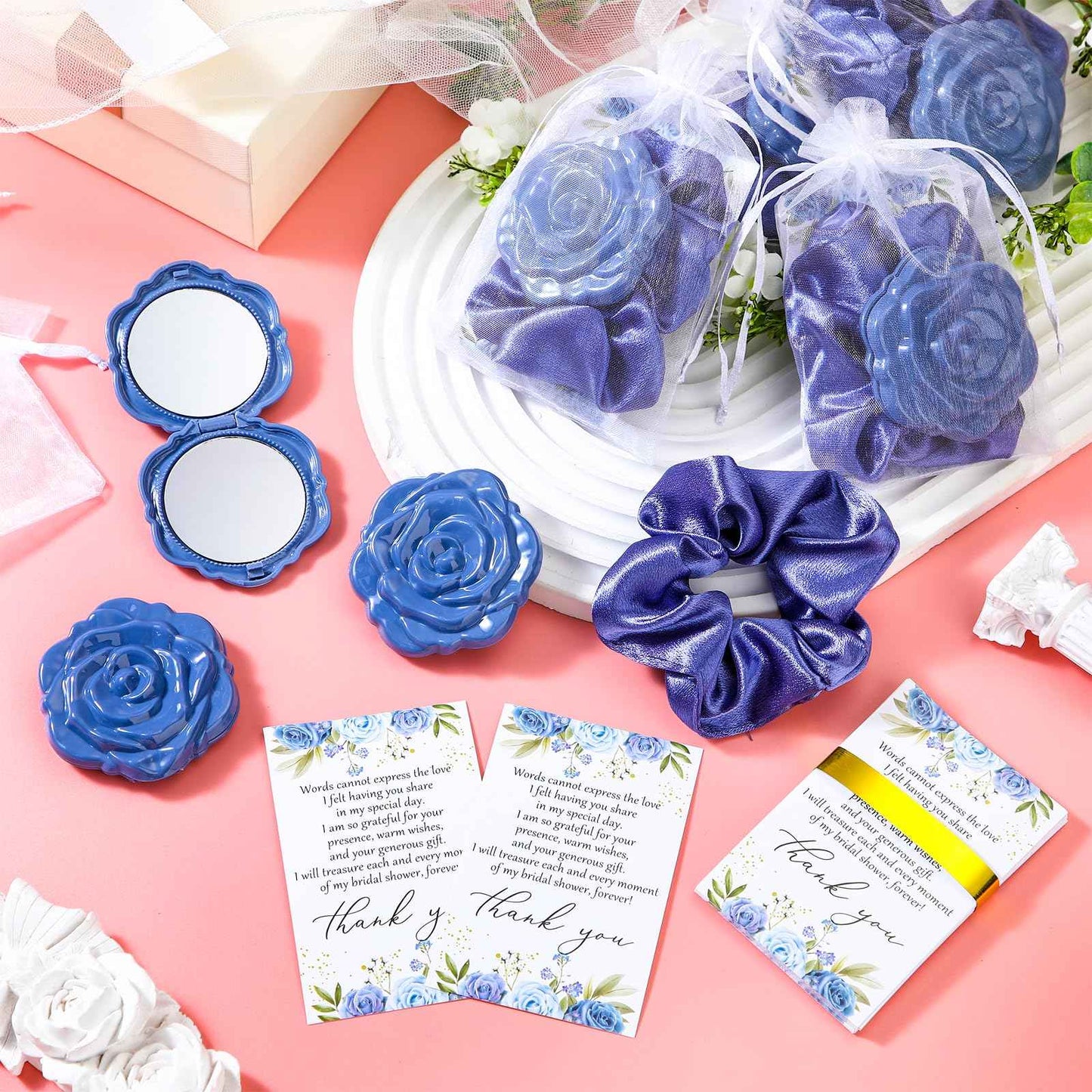 XunYee 30 Sets Bridal Shower Favors for Guests 30 Rose Compact Mirror Bulk 30 Hair Ties Satin Elastic Scrunchies 30 Thank You Card and Organza Bags Souvenir Gift for Wedding Party Favors (Dusty Blue)