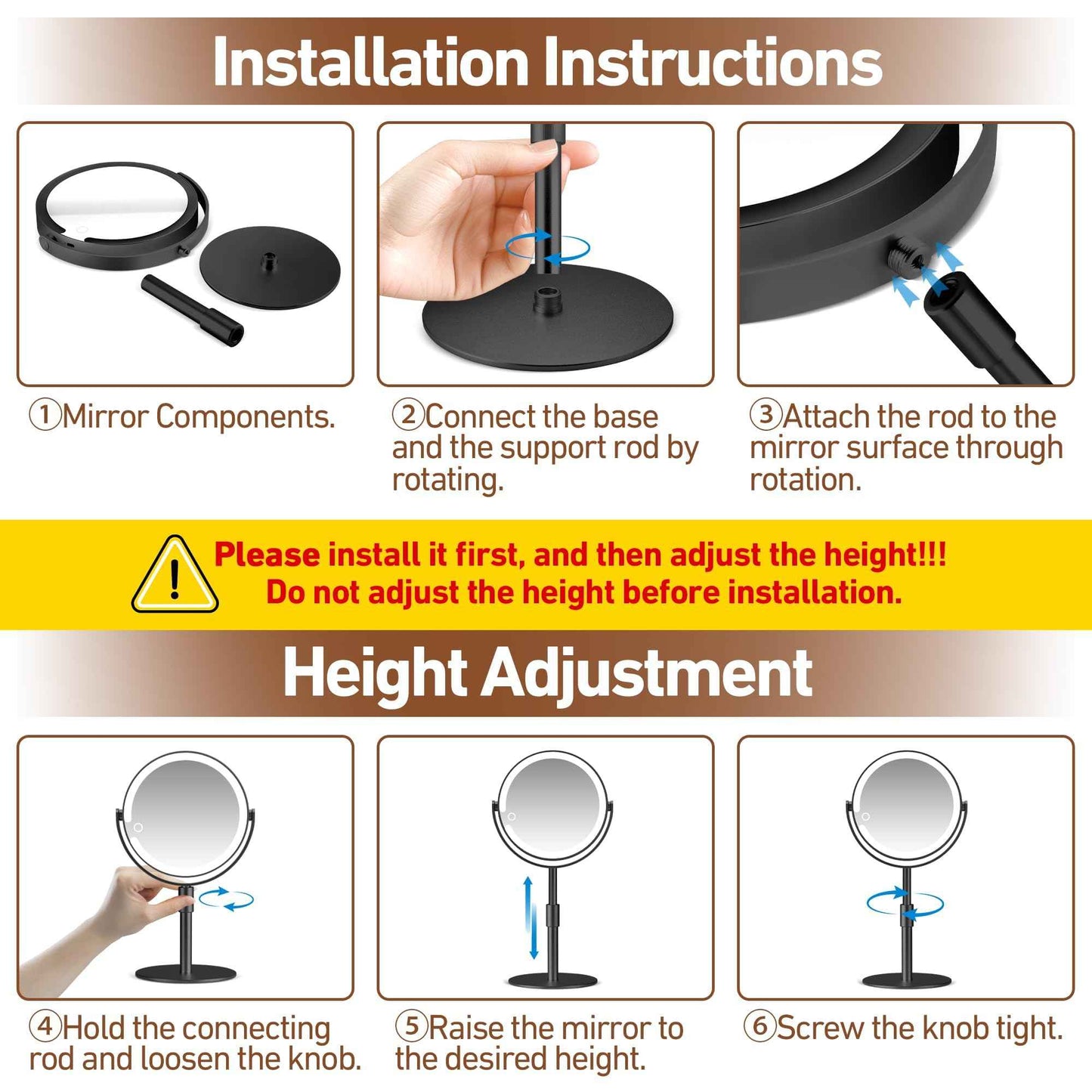 MOMOKUBA Magnifying Mirror with Light 20X, Height-Adjustable Lighted Makeup Mirror with Magnification, Double - Sided Aluminum Alloy LED Mirrors, 3 Lighting Modes Ideal for Bathroom Make-up, Black