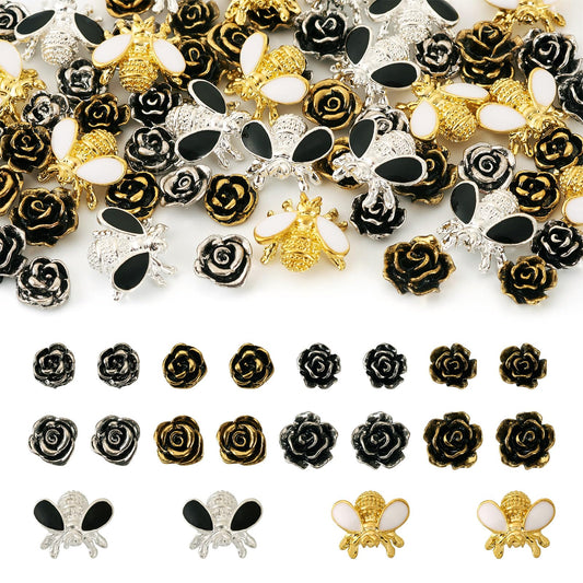 Craftdady 60Pcs Alloy Enamel Bee Rose Nail Art Cabochons Antique Flower Nail Charms Flatbak Metal Nail Beads for Nail Art Scrapbooking DIY Hair Clip Crafts Jewelry Making Supplies