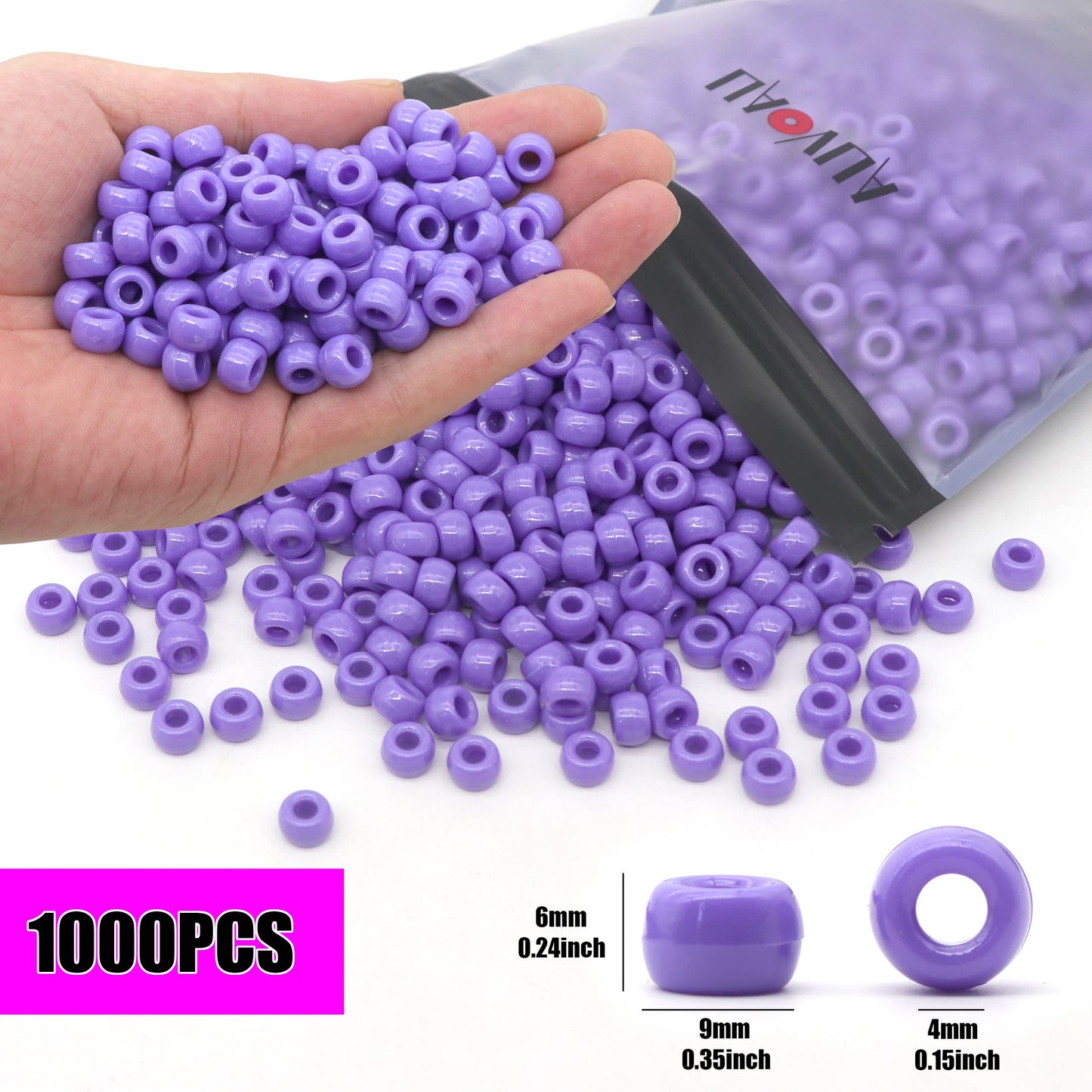 Auvoau 1000Pcs Pony Beads Bracelet 9mm Purple Plastic Barrel Pony Beads for Necklace,Hair Beads for Braids for Girls,Key Chain,Jewelry Making (Purple)