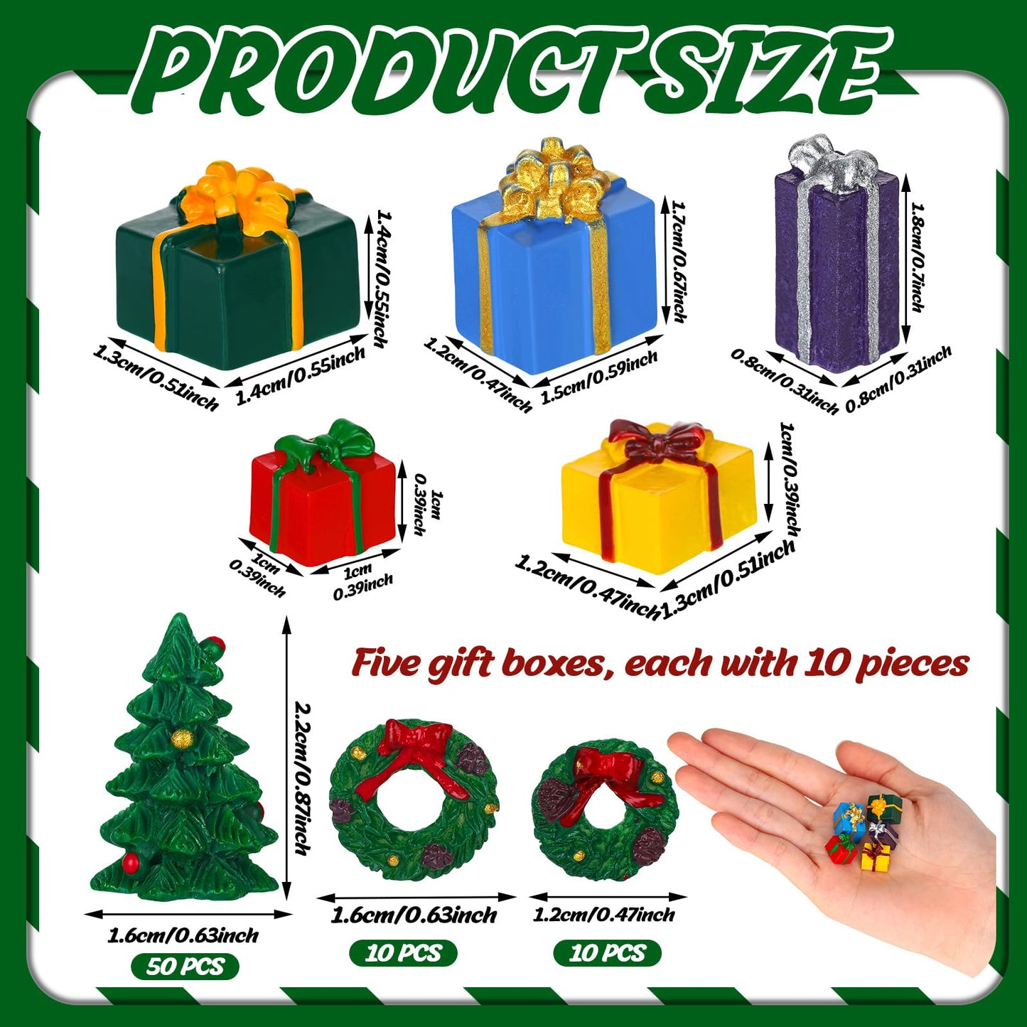 Poen 120 Pcs Christmas Miniature Ornaments Kit 50 Mini Christmas Trees Ornament 50 Christmas Resin Miniature Gift Box and 20 Mini Green Christmas Wreaths Decorations for DIY Christmas Crafts