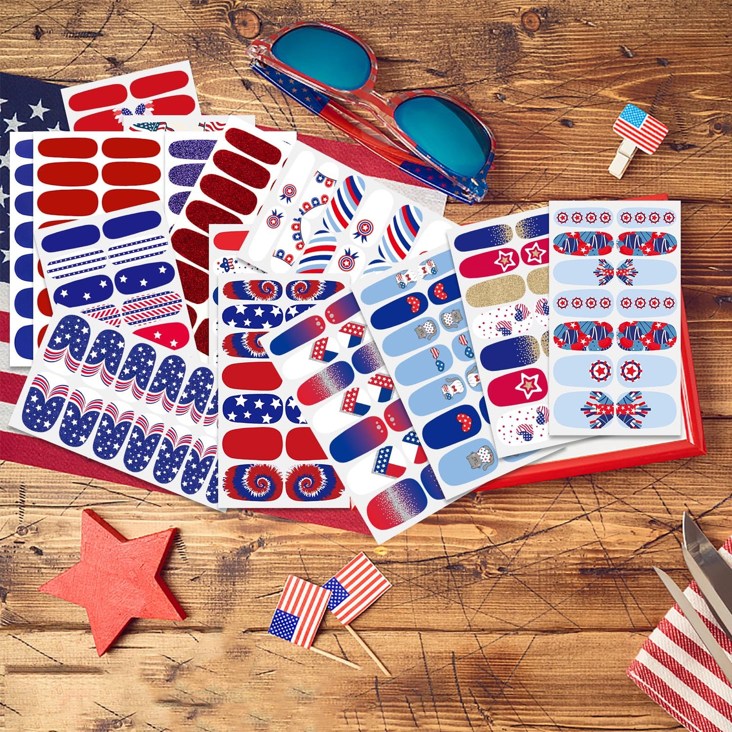 JERCLITY 224 Pieces 16 Sheets Independence Day Nail Polish Strips Patriotic American Flag Nail Wraps Nail Art Stickers 4th of July Self-Adhesive Solid Color Nail Decals Manicure for Memorial Day