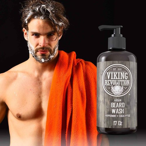 Beard Wash Shampoo w/Argan & Jojoba Oils - Softens & Strengthens - Natural Peppermint and Eucalyptus Scent - Beard Shampoo w/Beard Oil (17 oz Shampoo)