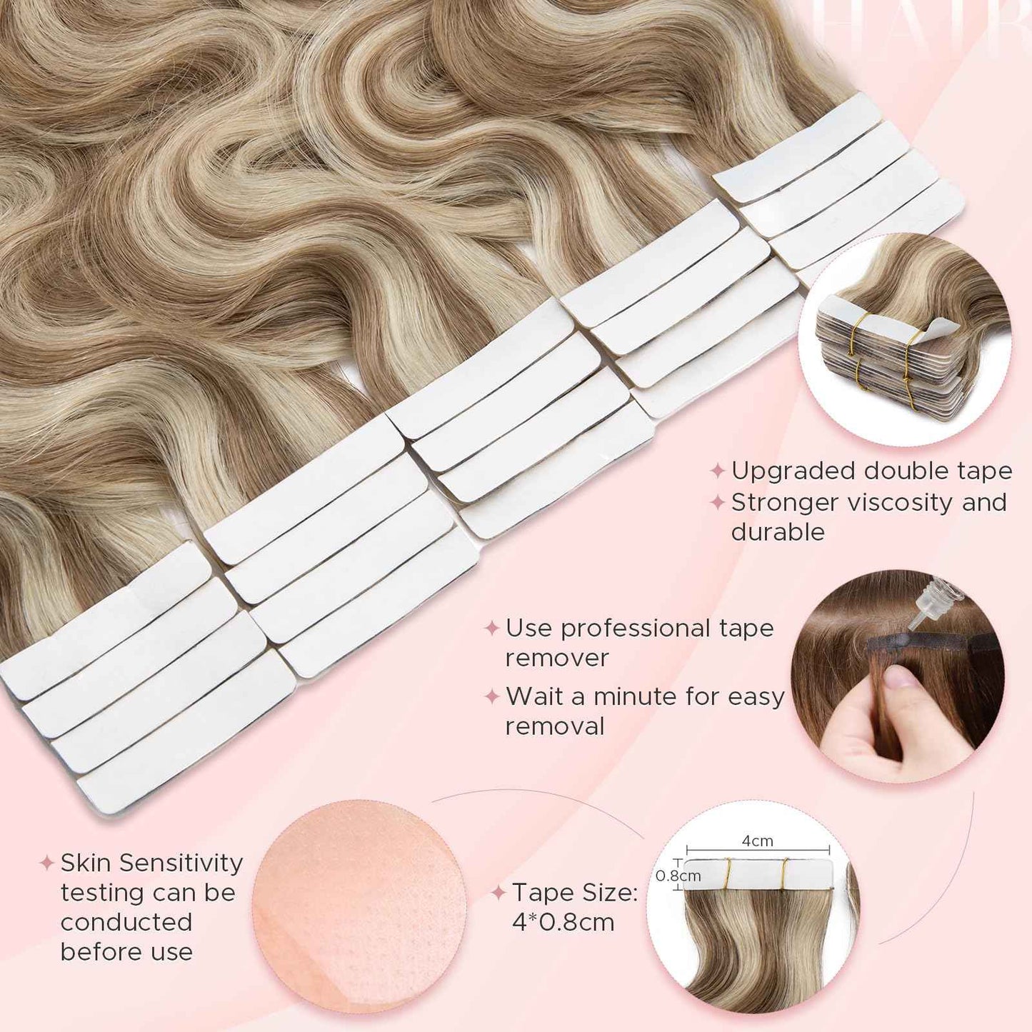 SEGOHAIR Wavy Tape In Hair Extensions Real Human Hair with Double-Sided Adhesive Professional Hair Extensions for Women 20pcs Body Wave 14 Inches Medium Brown Mixed Bleach Blond