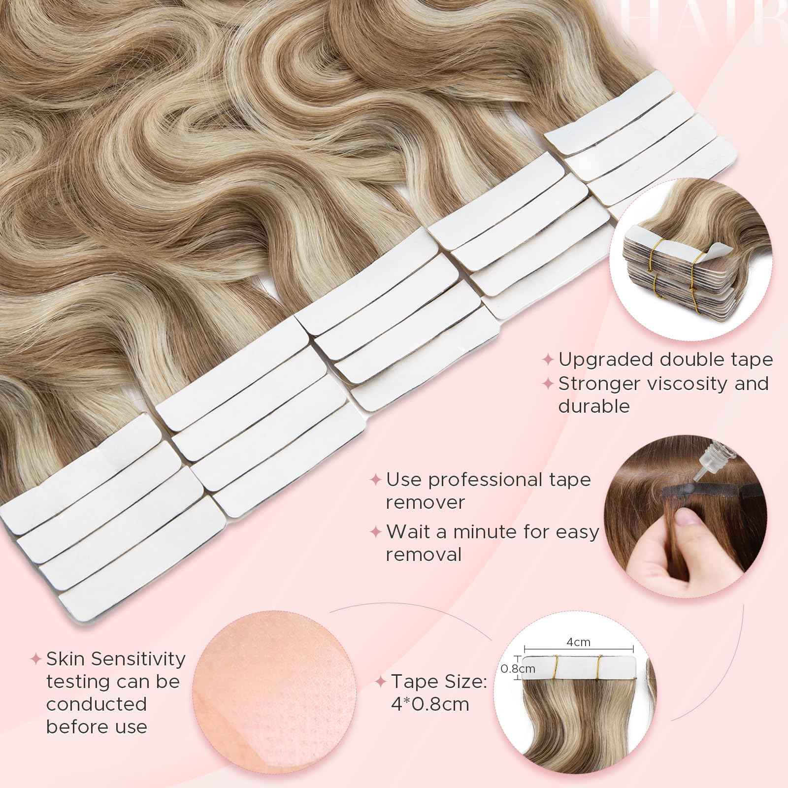 SEGOHAIR Wavy Tape In Hair Extensions Real Human Hair with Double-Sided Adhesive Professional Hair Extensions for Women 20pcs Body Wave 14 Inches Medium Brown Mixed Bleach Blond