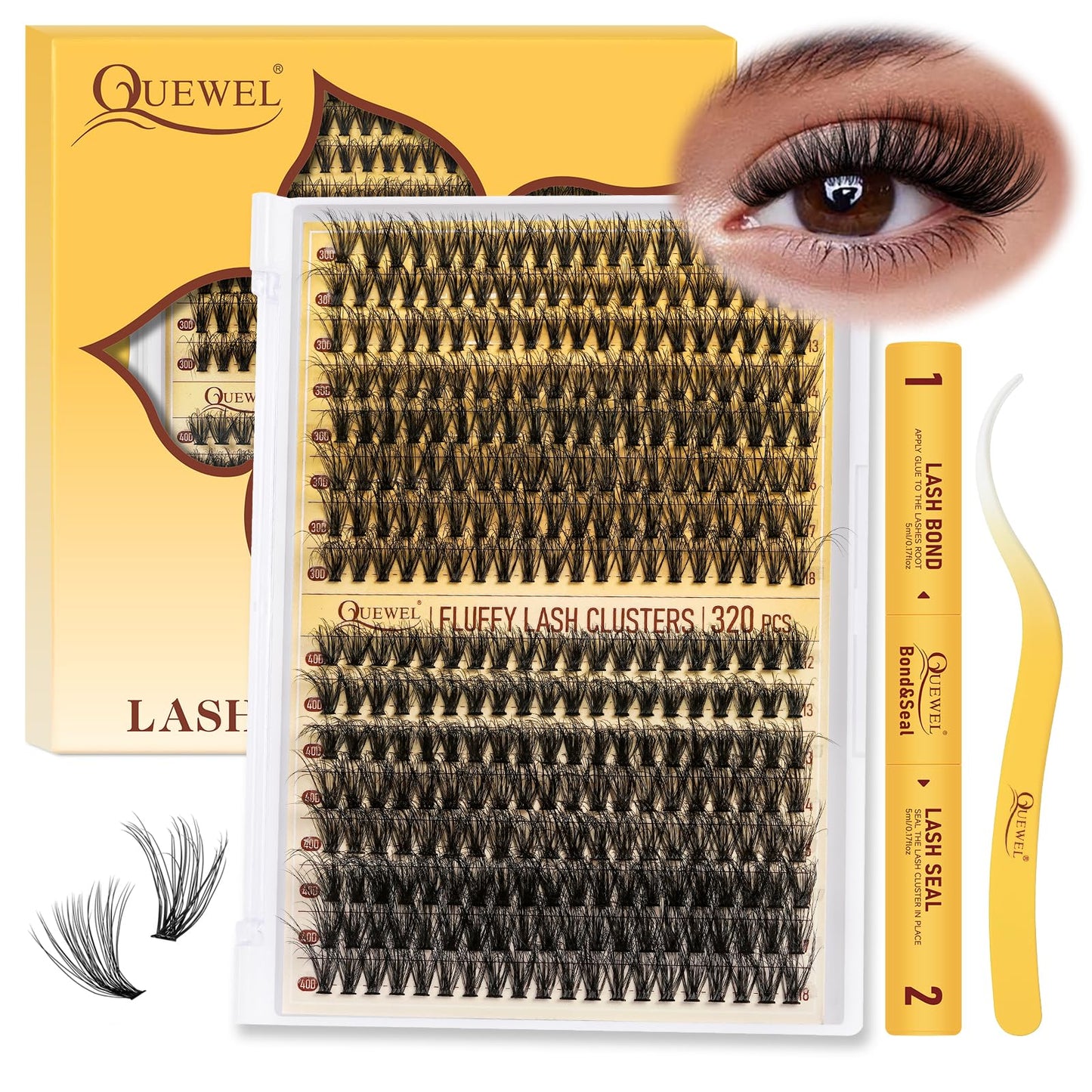 QUEWEL DIY Lash Extension Kit, 320Pcs 30D+40D Fluffy Lash Clusters Mix 12-18mm Lash Clusters Kit with Lash Bond and Seal Lash Applicator Tool for False Eyelash Cluster Kit at Home(30+40D Fluffy Kit)