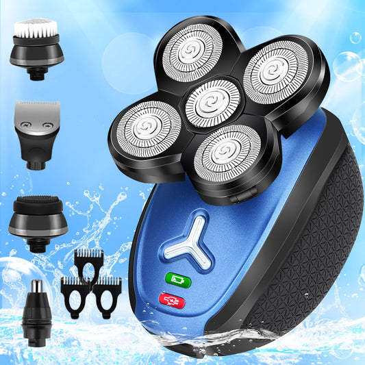 Head Shaver for Bald Men,5 in 1 Bald Head Shavers for Men Cordless,Waterproof Wet/Dry Head Mens Electric Razor for Man Face Hair Shaving,USB Grooming Kit Rechargeable Rotary Shaver Gift for Men (Blue)