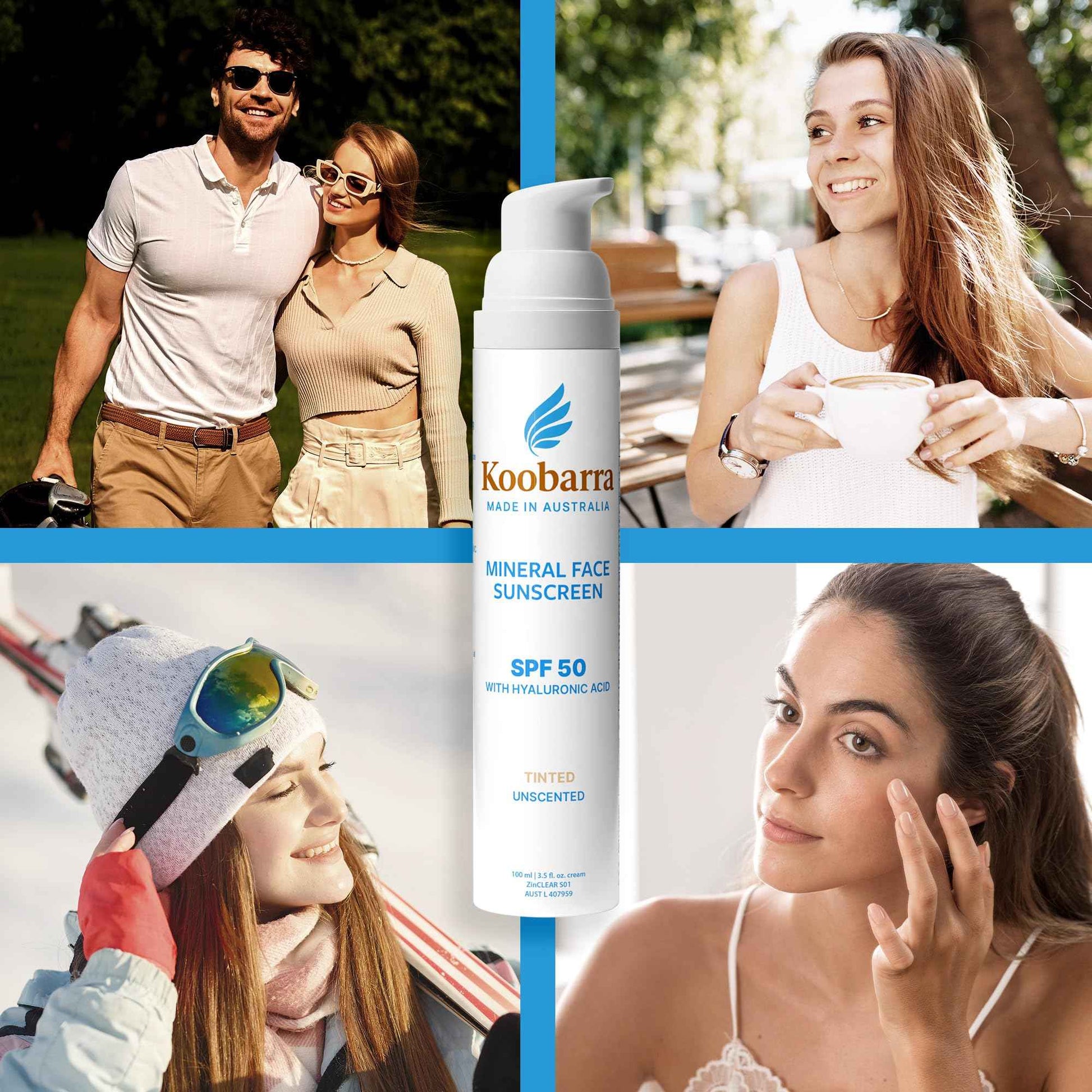 Koobarra Mineral Face Sunscreen SPF 50, Tinted Aussie Zinc Oxide Sunblock with Hydrating Hyaluronic Acid, Reef Safe, Natural, Vegan, Australian Made, 80min Water Resistant, Unscented, 100g 3.4oz