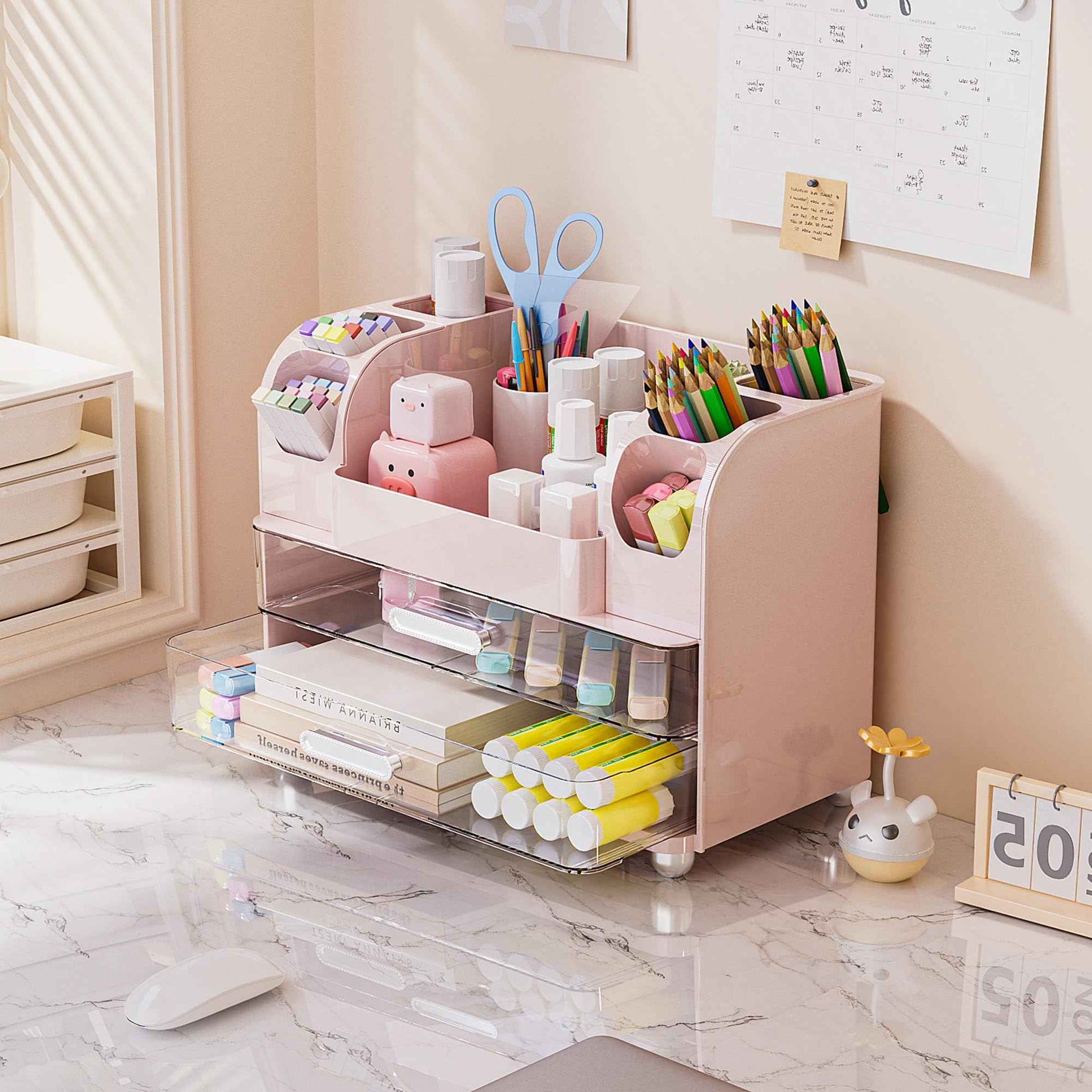 Delamu Makeup Organizer Countertop with 6 Brush Holder, Bathroom Countertop Organizer with 2 Large Drawers, Cosmetic Display Case for Vanity, Ideal Christmas Gifts for Women Girls, Pink