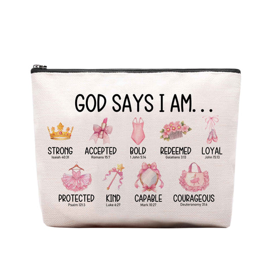 Inspirational Christian Gifts for Her, Religious Gifts Motivational Dancer Ballerina Makeup Bag, God Says I Am Dancer Cosmetic Bag Makeup Pouch