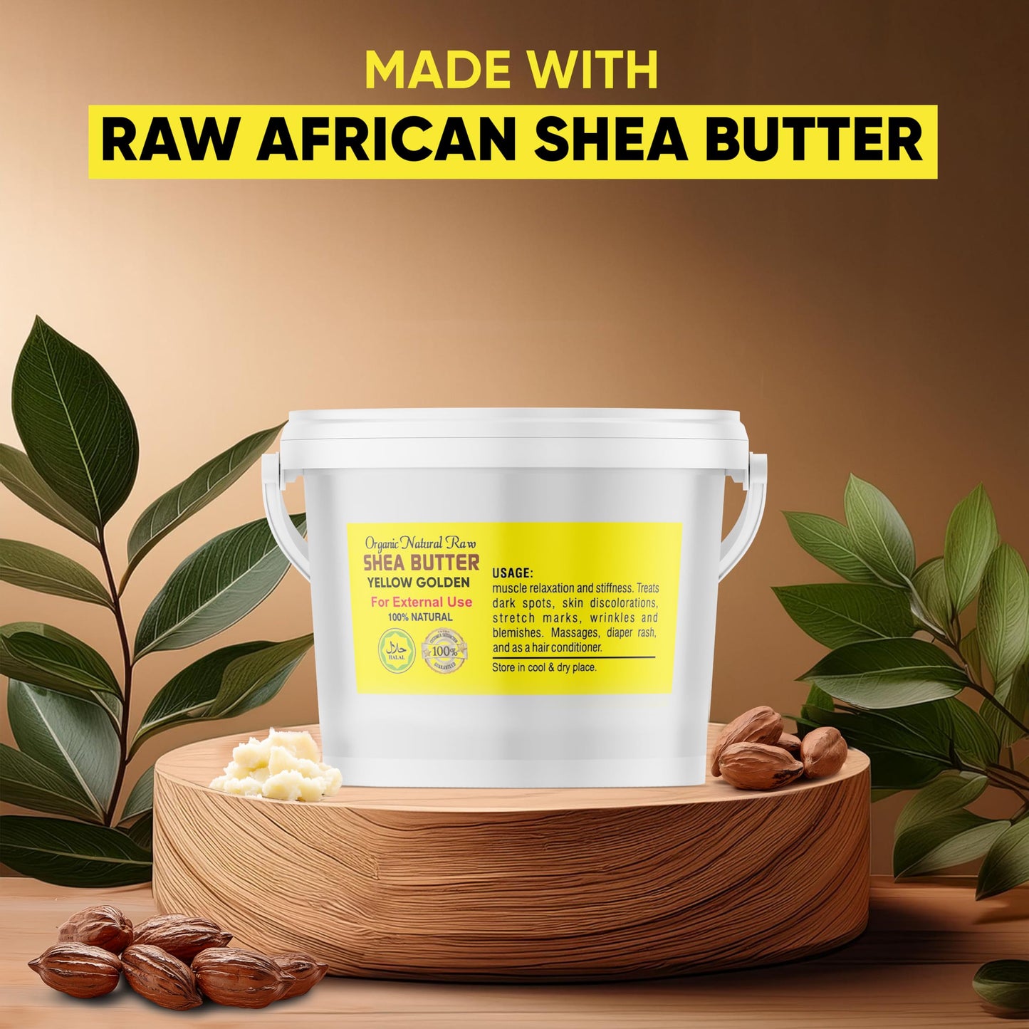 HERBOGANIC Pure African Shea Butter Raw Organic, Yellow Ivory 100% Natural Unrefined | For Body & Hair Scalp Non GMO - 5LB Bucket