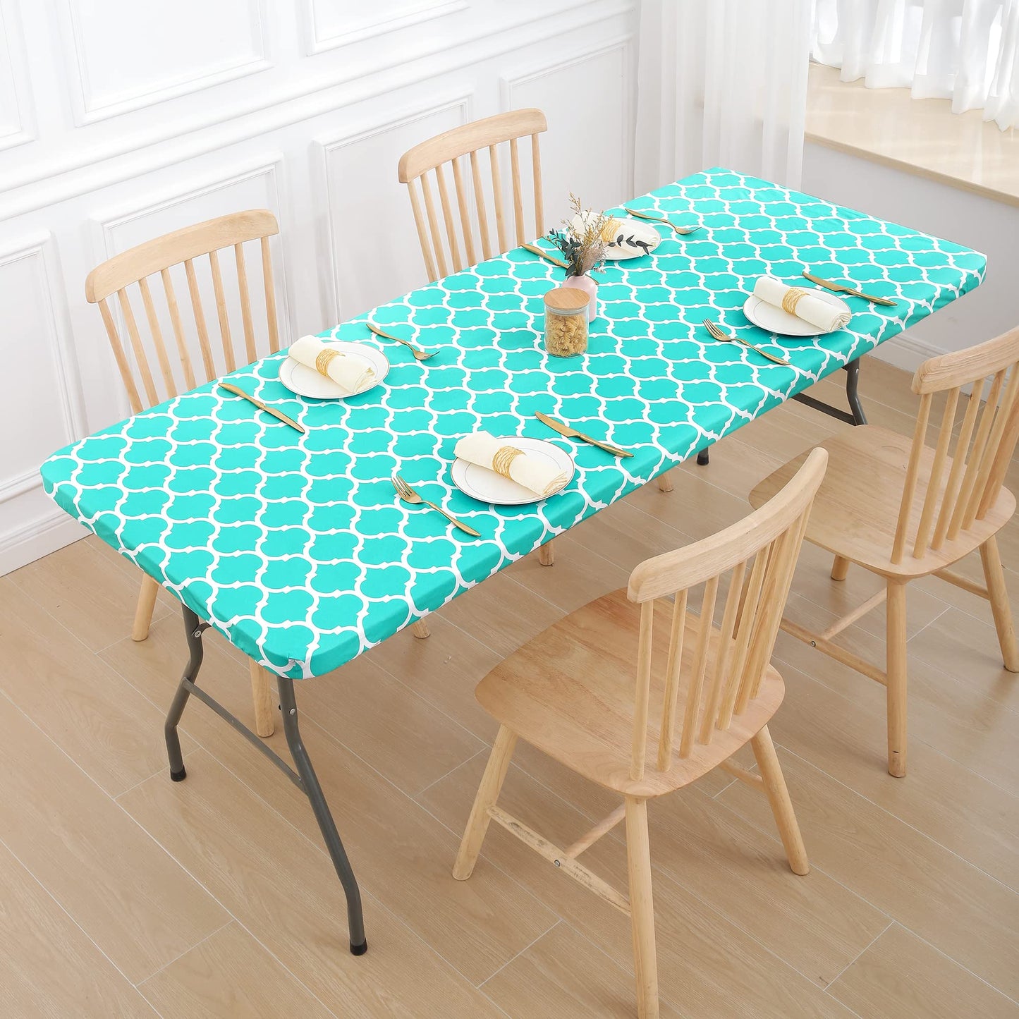 smiry Rectangle Picnic Tablecloth, Waterproof Elastic Fitted Table Covers for 4 Foot Tables, Wipeable Flannel Backed Vinyl Tablecloths for Camping, Indoor, Outdoor (Teal Morocco, 30x48 Inches)