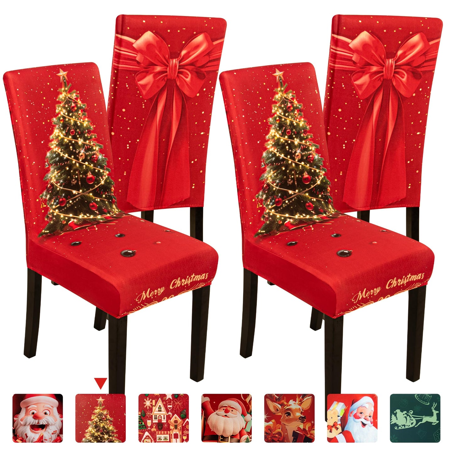 4PCS Christmas Dining Chair Covers Stretch Removable Washable Dining Room Chair Protector Slipcover 3D Print Xmas Tree Bow Tie Kitchen Chair Cover Slipcovers for Xmas Holiday Party Home Décor