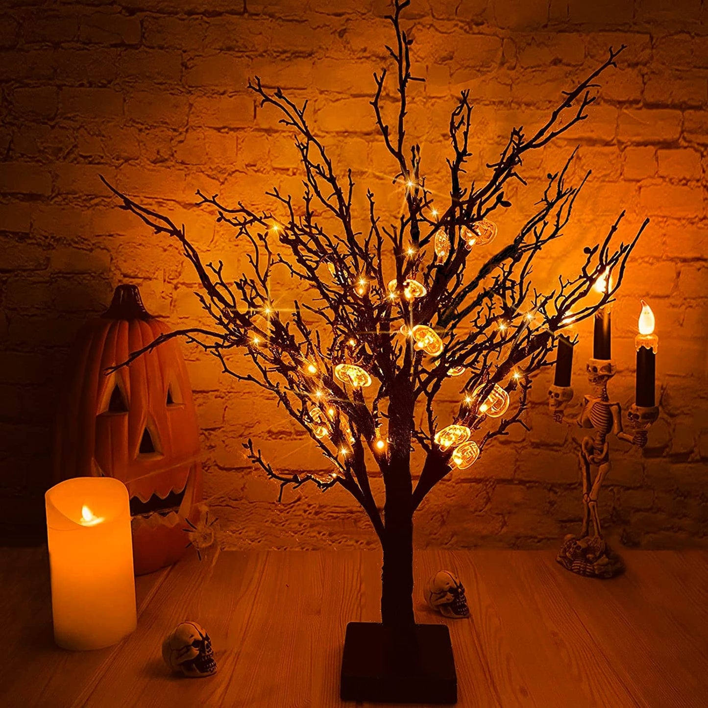 TURNMEON Timer 24 Inch Prelit Black Halloween Tree Decorations with 24 Orange LED 25 Pumpkin Battery Powered Halloween Black Spooky Tabletop Tree Decor Indoor Home Party