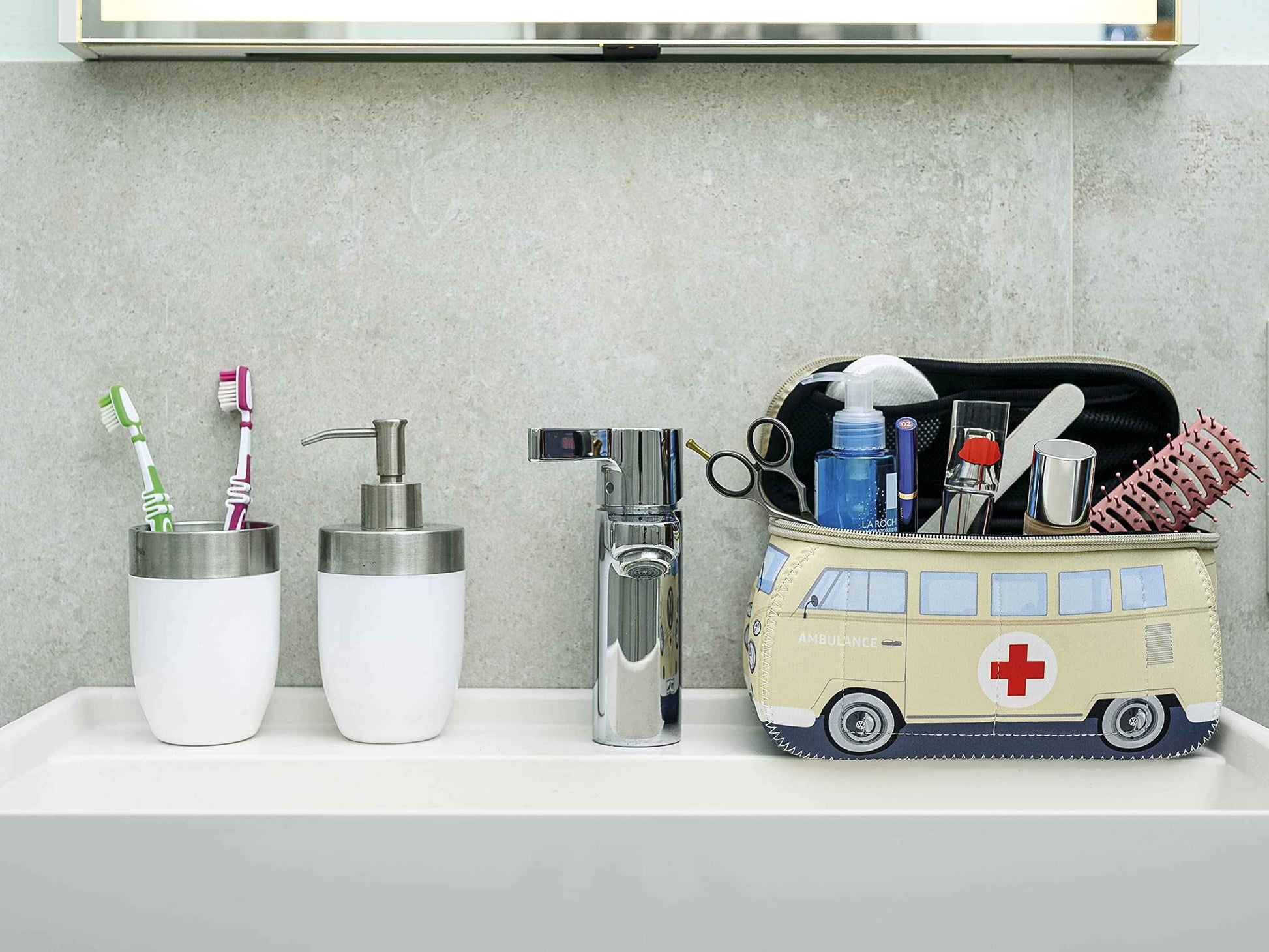 BRISA VW Collection - Volkswagen Neoprene Universal Makeup Cosmetics Toiletry Travel Pharmacy Bag in T1 Bus Design (Ambulance/Beige) (Large (11.8 x 5.5 x 4.7 inches))