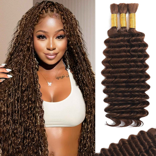 Human Braiding Hair for Boho Braids Human Hair 120g 16Inch Curly Boho Hair for Braiding Knotless 12A Deep Water Wave Bulk Hair Bohemian Braids No Weft 3 Bundles/Pack Chocolate Brown