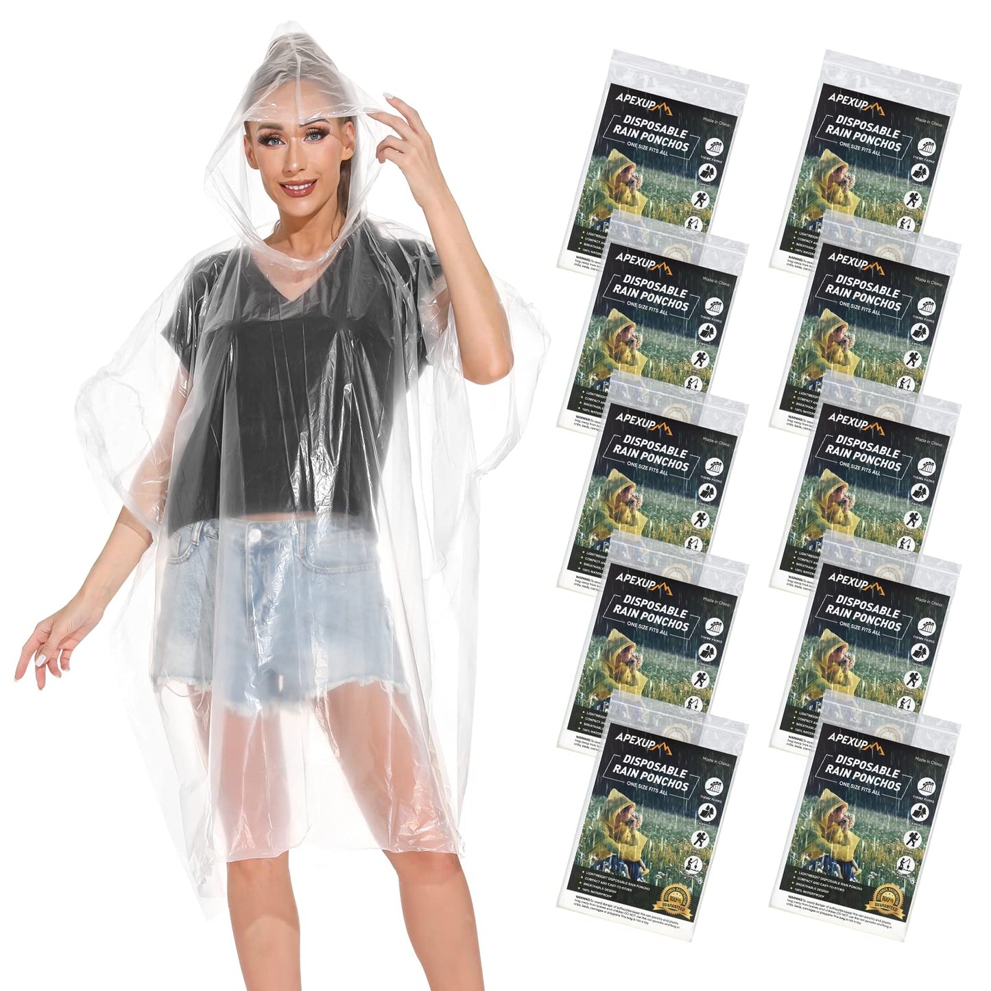 APEXUP 10 Pack Disposable Rain Ponchos for Adults, Emergency Rain Poncho for Camping Hiking Travelling (10 Pack)