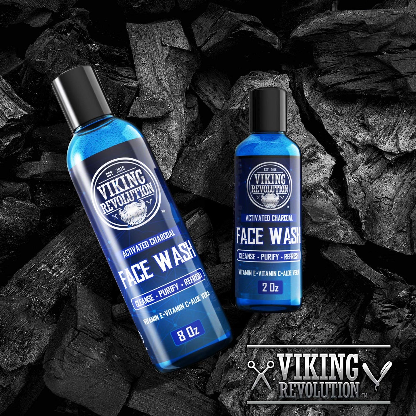 Viking Revolution Charcoal Face Wash for Men- Scrub Away Dirt and Toxins, Skin Cleaning Agent - Cleanse, Purify and Refresh - Daily Charcoal Facial Cleanser - 8 Fl Oz plus a 2 Fl Oz, 2 Piece Set