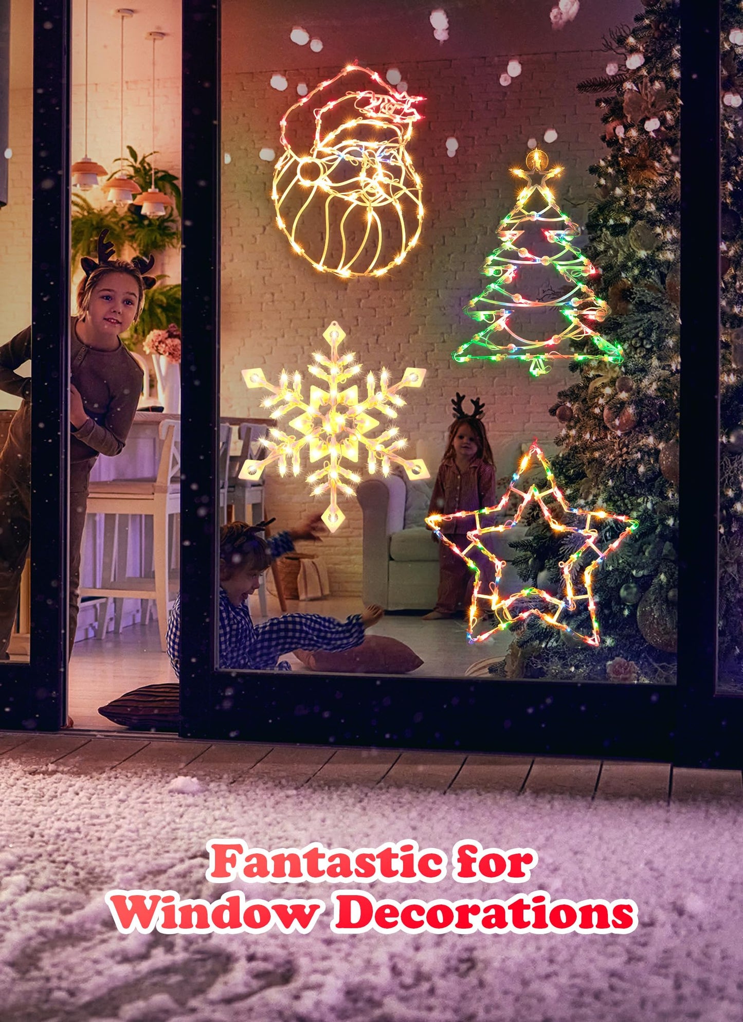 4 Pack Christmas Window Silhouette Lights Decorations, Santa Claus, Xmas Trees, Snowflake, and Star Window Silhouette with 50 Bulbs for Holiday Indoor Wall Door Glass Decorations