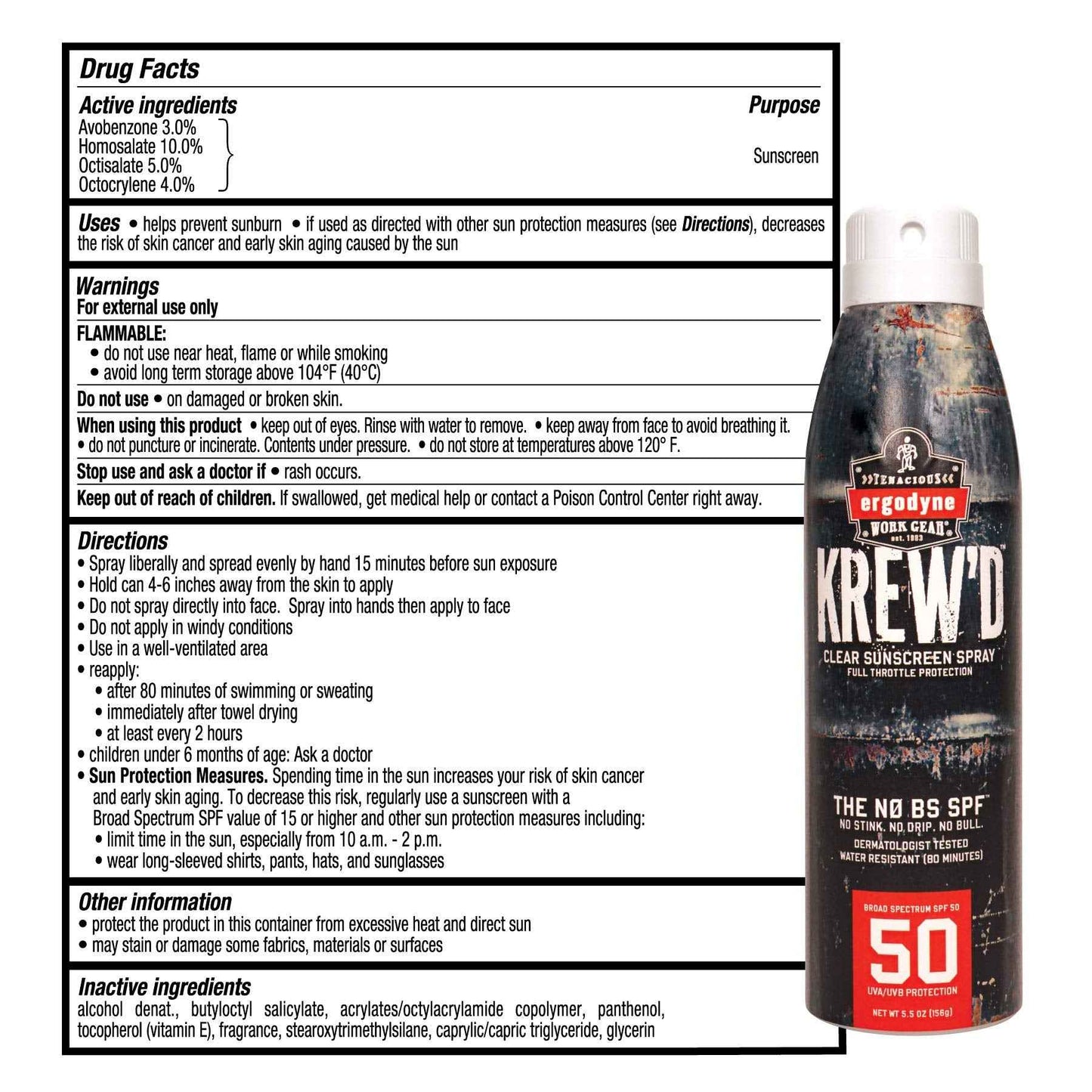 Ergodyne KREW'D 6353 Sunscreen Spray, Broad Spectrum SPF 50, Water Resistant, 5.5 oz, 2-Pack