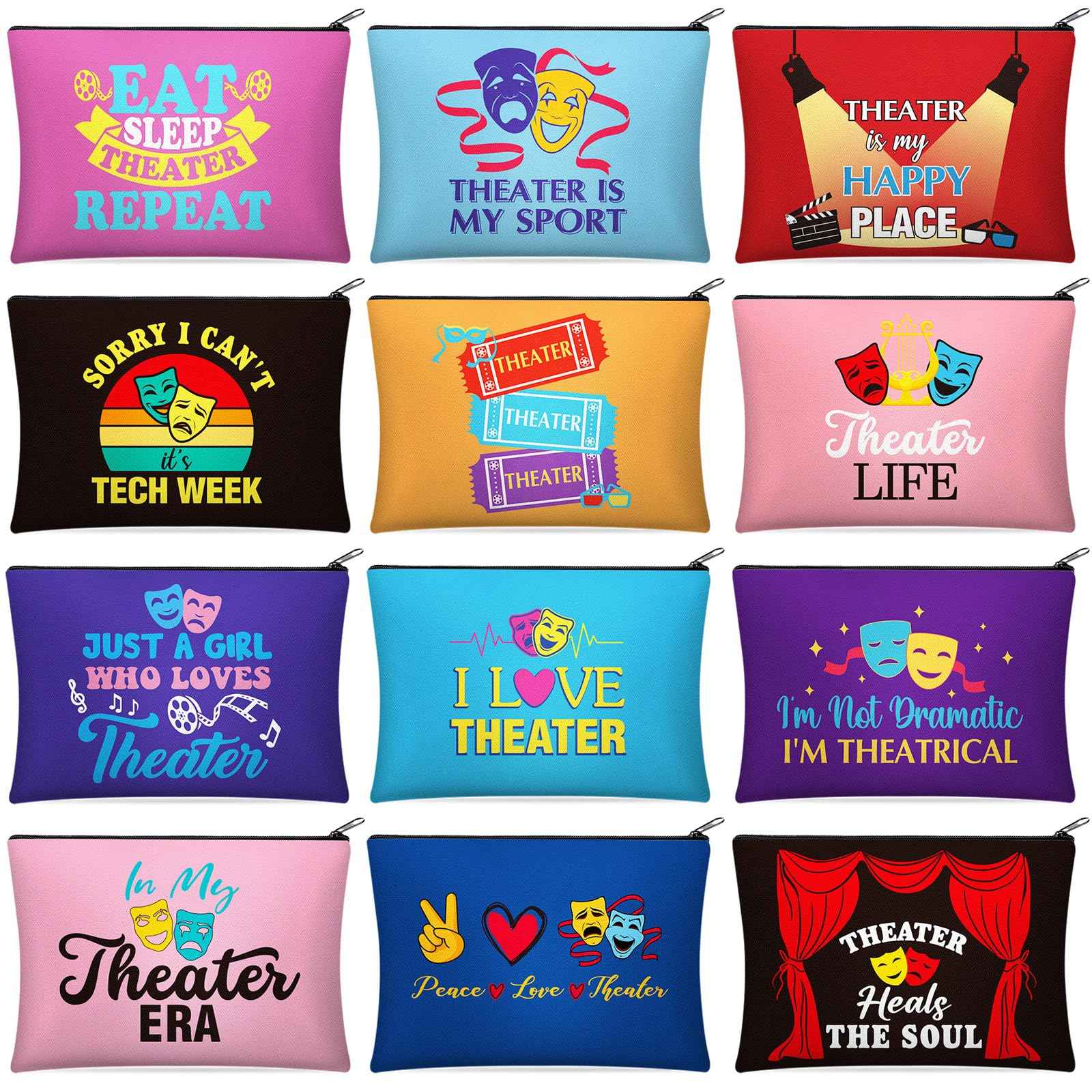 Reginary 12 Pcs Theater Makeup Bags Bulk Theater Gifts for Women Musical Broadway Cosmetic Bags Zipper Pouch Drama Comedy Tragedy Mask Gifts for Theatre Lovers Actors and Students