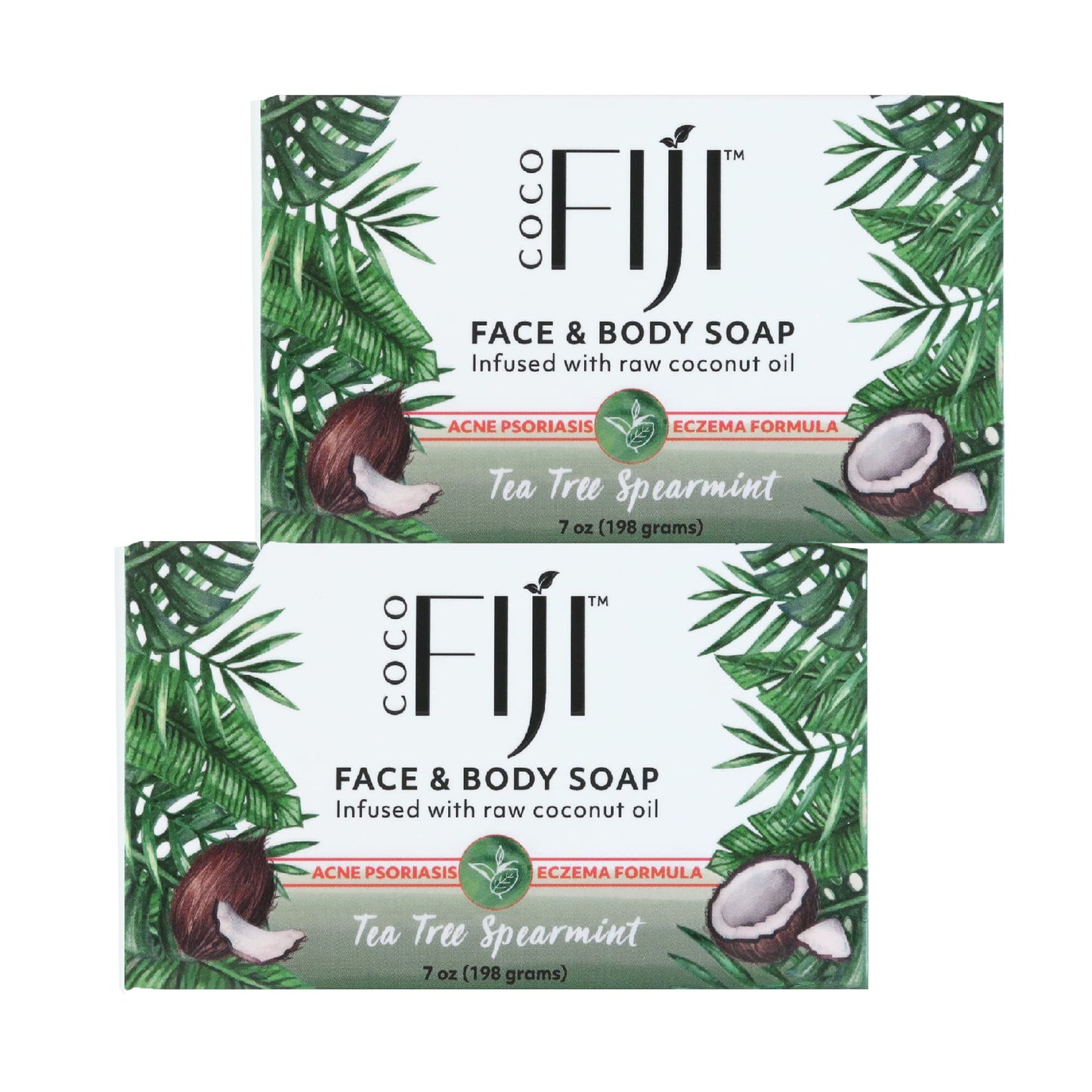 Coco Fiji Soap Bar for Face and Body Infused With Organic Coconut Oil, Tea Tree Spearmint, Essential Oil, Natural Soap for Moisturizing & Pore Purifying Skin, 7 oz,Pack of 2