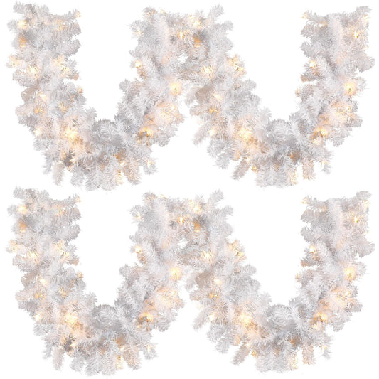 Hotop 9 ft Faux Spruce Artificial Christmas Garland LED Garland Warm Pine Prelit Battery Operated Lighted Garland for Seasonal Indoor Home Fireplace Mantle Tree Stair Decor (2 Pcs,White)