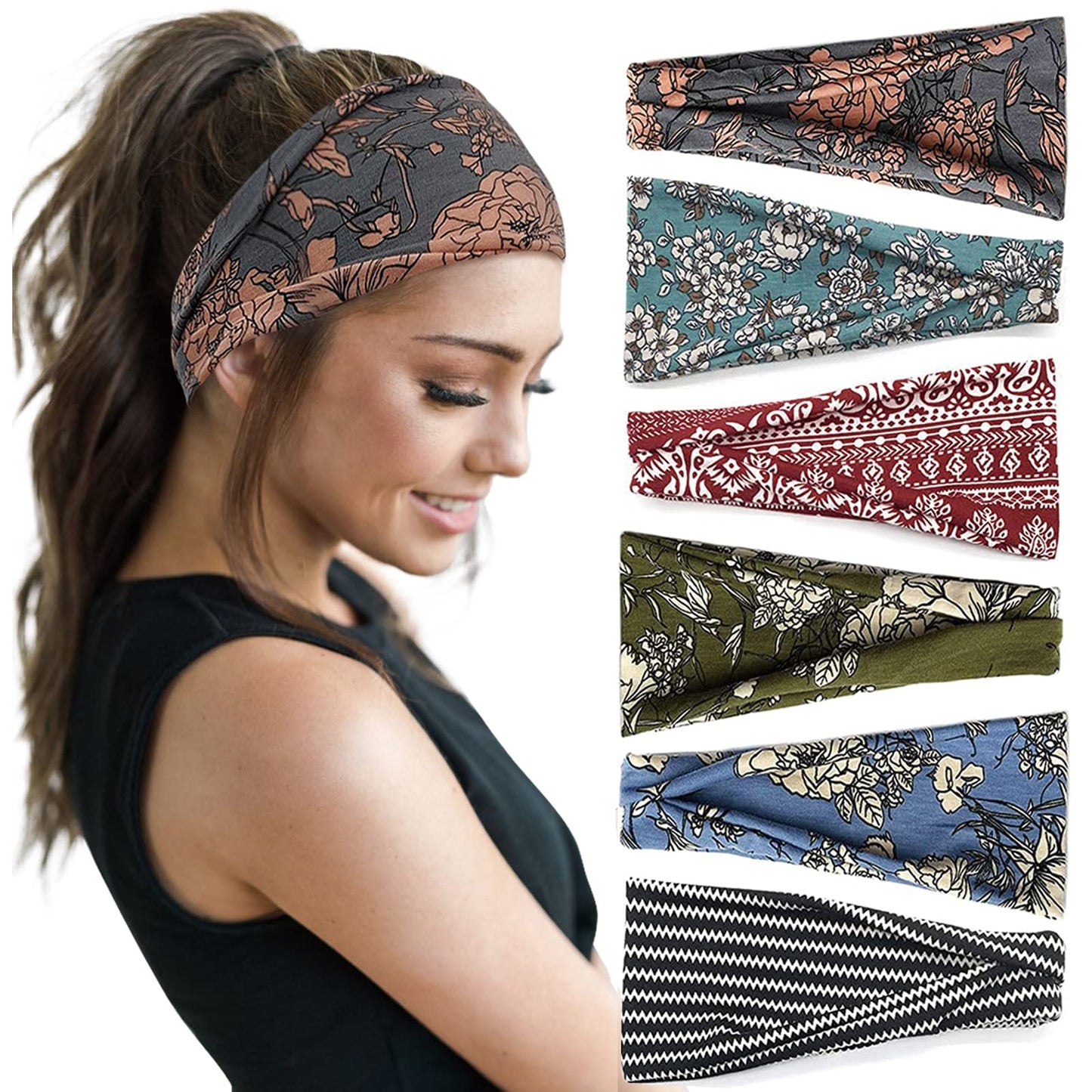 Huachi Boho Headbands for Women Wide Head Bands Yoga Workout Hair Bands for Women's Hair Non Slip Summer Womens Headbands Hair Accessories 6 Pack