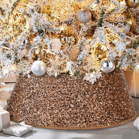 DoreenBow Christmas Tree Collar, Sequin Christmas Tree Skirt, Foldable Christmas Tree Box Ring, Xmas Tree Stand Base Cover for Artificial Christmas Tree Decoration, 26 Inch, Champagne