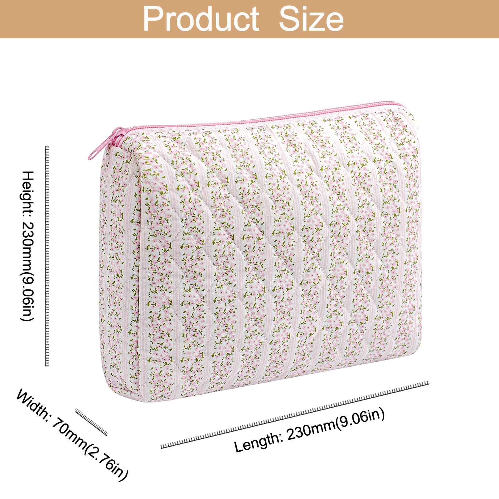 HHQQWZ Large Travel Makeup Bag Cosmetic Bag for Women Girls, Cute Large Floral Cotton Cosmetic Bag, Zipper Toiletry Bag Makeup Brushes Accessories Organizer Storage Bag (Pink Floral)