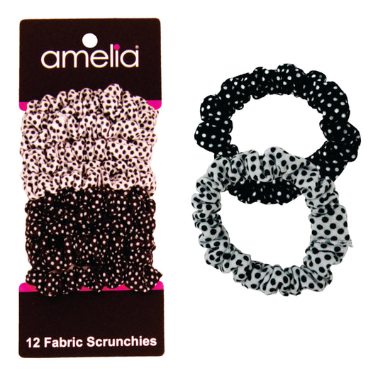 Amelia Beauty Small Black/White Dot Mix Jersey Mini Scrunchies for Fine Hair, 12-Pack – Soft & Stylish No-Damage Hair Ties for Everyday Fun!