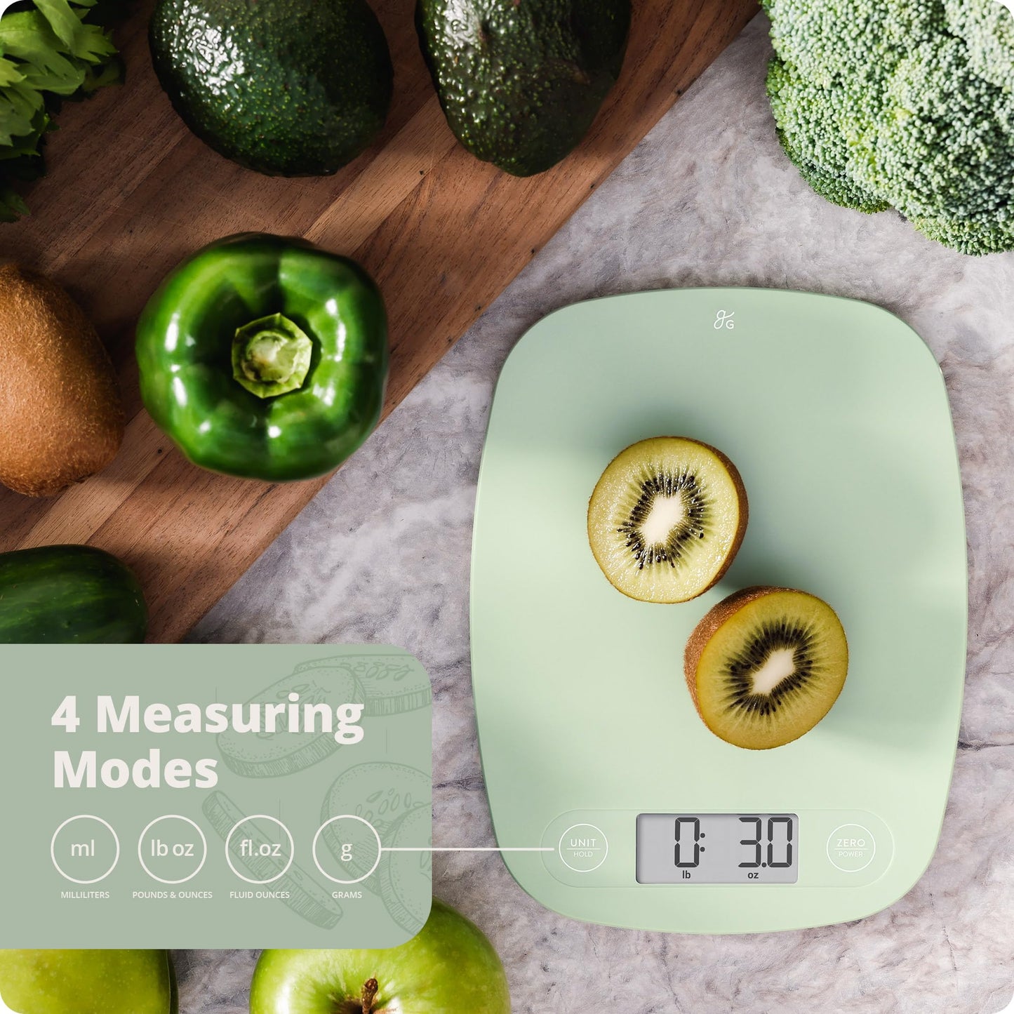 Greater Goods Digital Kitchen Scale - Cooking, Baking, Meal and Food Prep Scale, Weighs in Grams, Pounds and Ounces, Sage Green