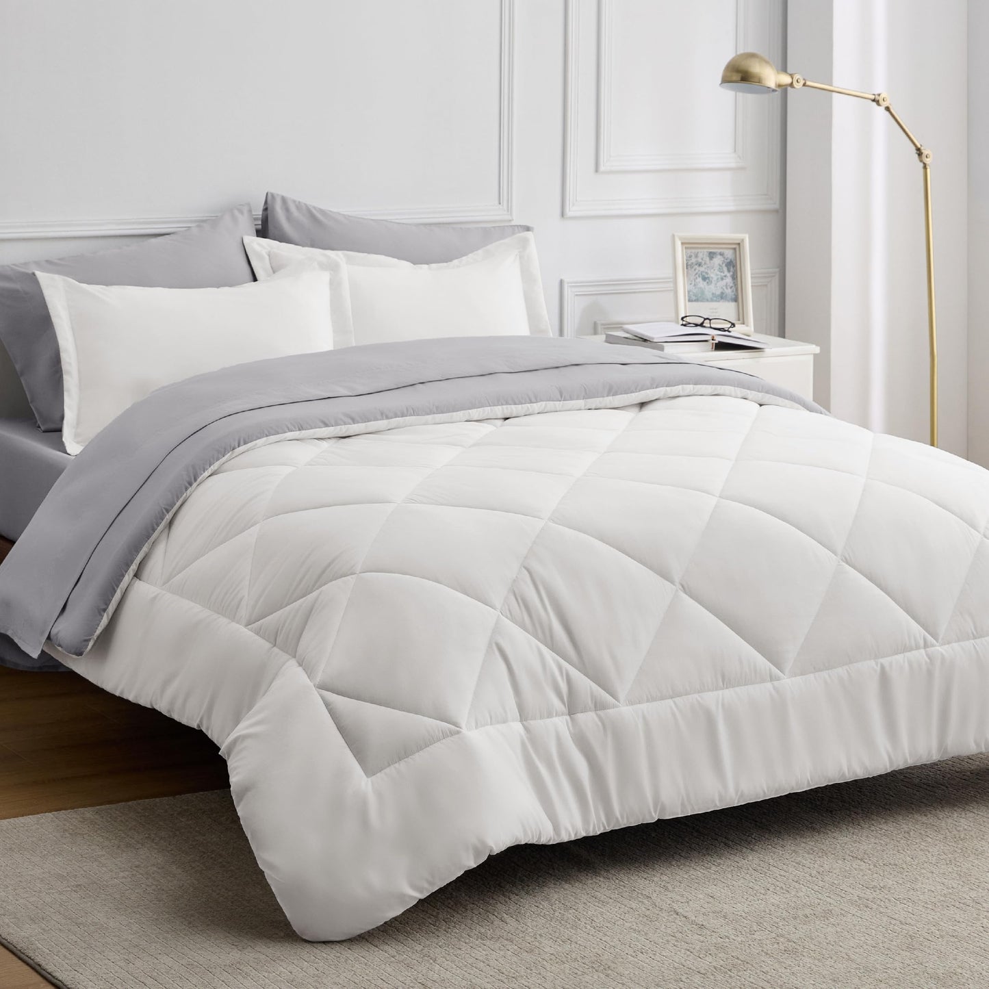 Bedsure Ivory Twin Comforter Set - 5 Pieces Reversible Twin Bed in a Bag for College, Extra Long Twin Bed Set Ivory and Grey with Comforters, Sheets, Pillowcase & Sham