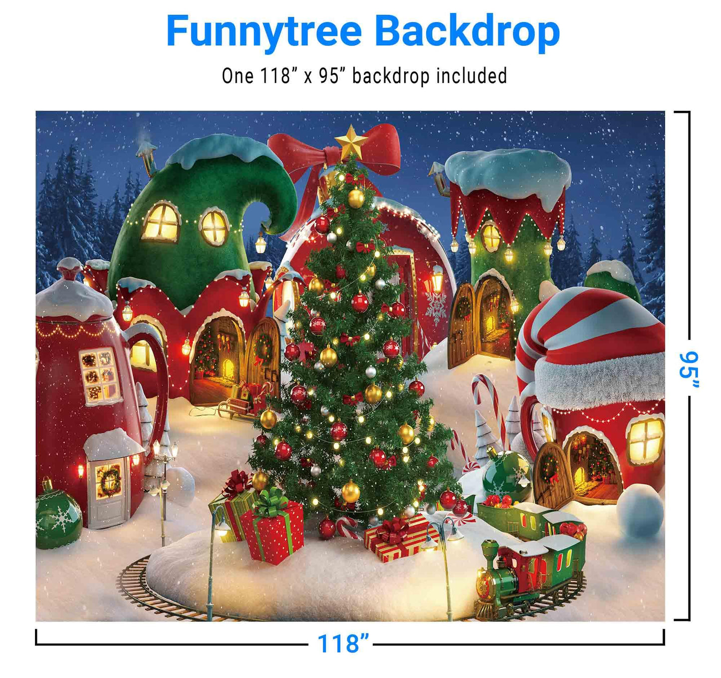 Funnytree 10x8FT Cartoon Christmas Village Photography Backdrop Winter Snow Pine Tree Background Xmas Fairy Tale Animated Kid Party Photo Booth Banner Supplies