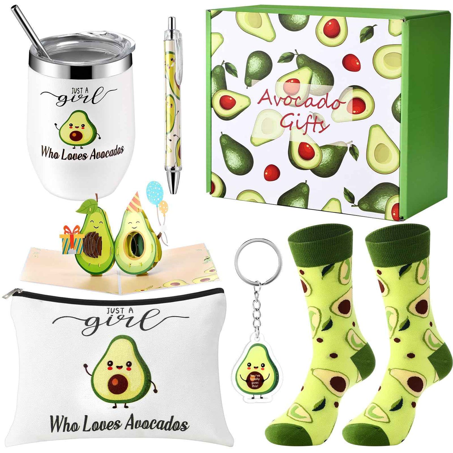 Singhoow 6 Pcs Funny Gift Baskets for Women Girls Pickle Avocado Socks with Vegetable Animals Makeup Bag Insulated Tumbler Keychain Greeting Card Pen for Christmas Birthday Party(Avocados)