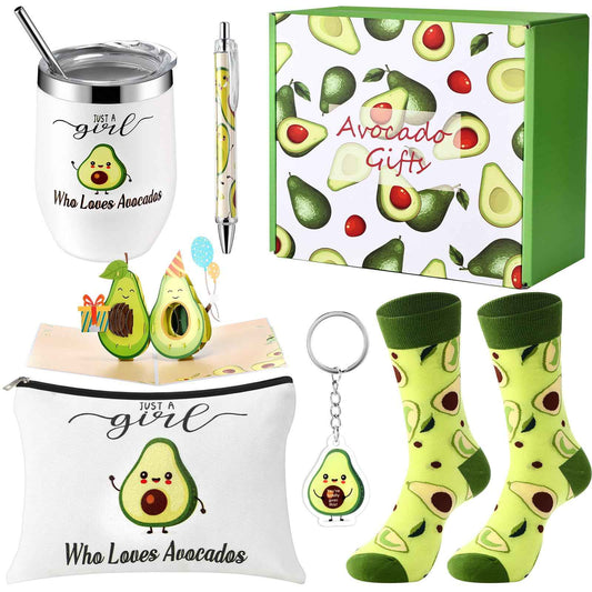 Singhoow 6 Pcs Funny Gift Baskets for Women Girls Pickle Avocado Socks with Vegetable Animals Makeup Bag Insulated Tumbler Keychain Greeting Card Pen for Christmas Birthday Party(Avocados)