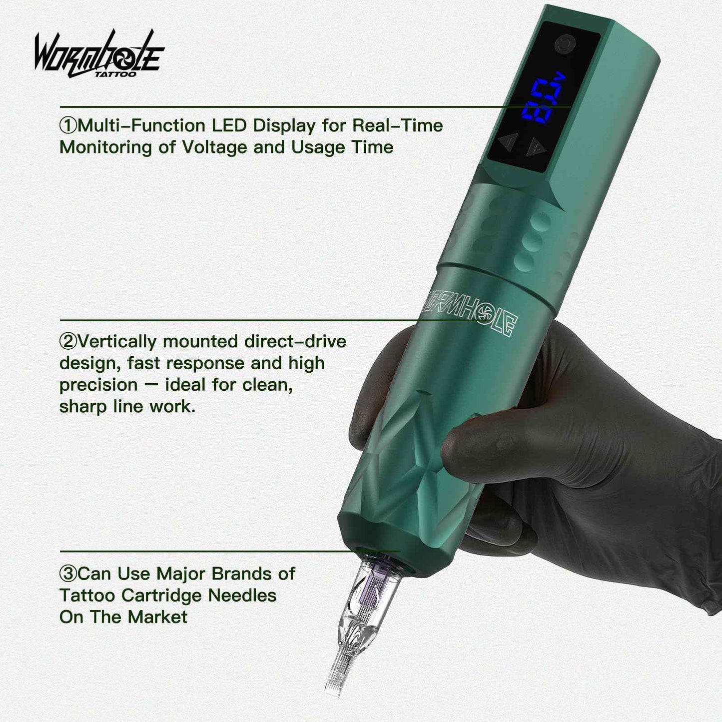 Wormhole Tattoo Gun Wireless Tattoo Kit, Aluminum Alloy Tattoo Machine with LED Display, 1200mAh Battery Dot Work & Jumpstart Mode – Professional Tattoo Gun Kit for Artists with Ink, Needles