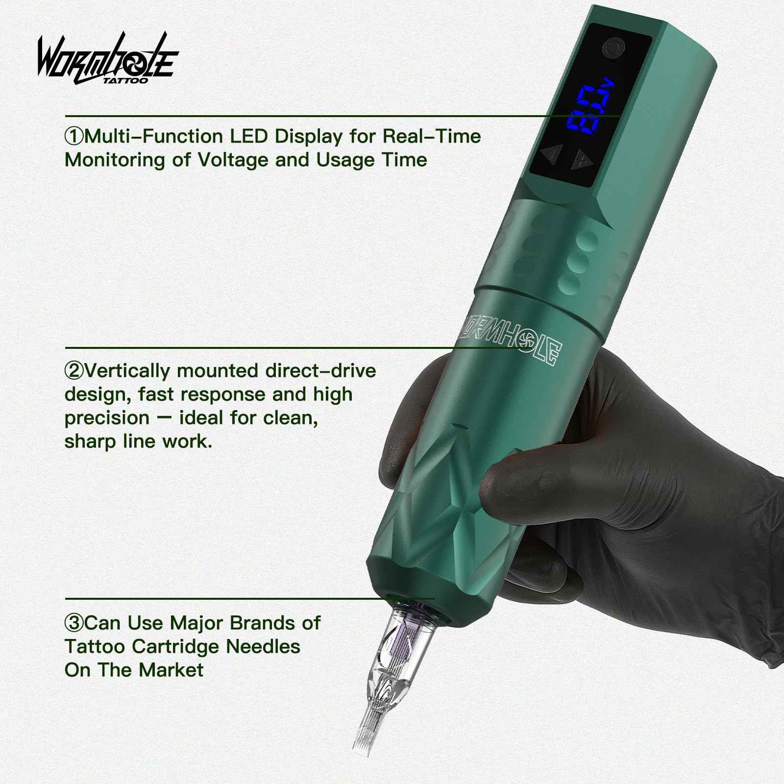 Wormhole Tattoo Gun Wireless Tattoo Kit, Aluminum Alloy Tattoo Machine with LED Display, 1200mAh Battery Dot Work & Jumpstart Mode – Professional Tattoo Gun Kit for Artists with Ink, Needles