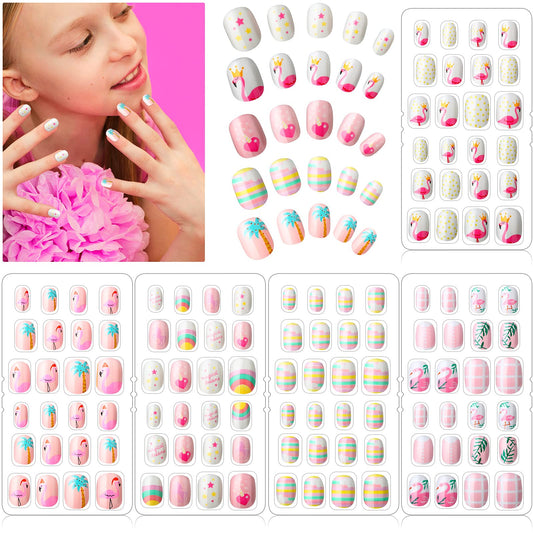 120 Pieces Kids Press on Nails Children Fake Nails Artificial Nails Girls Full Cover Short False Fingernails for Girls Kids Nail Design Decoration (Rainbow and Flamingo)