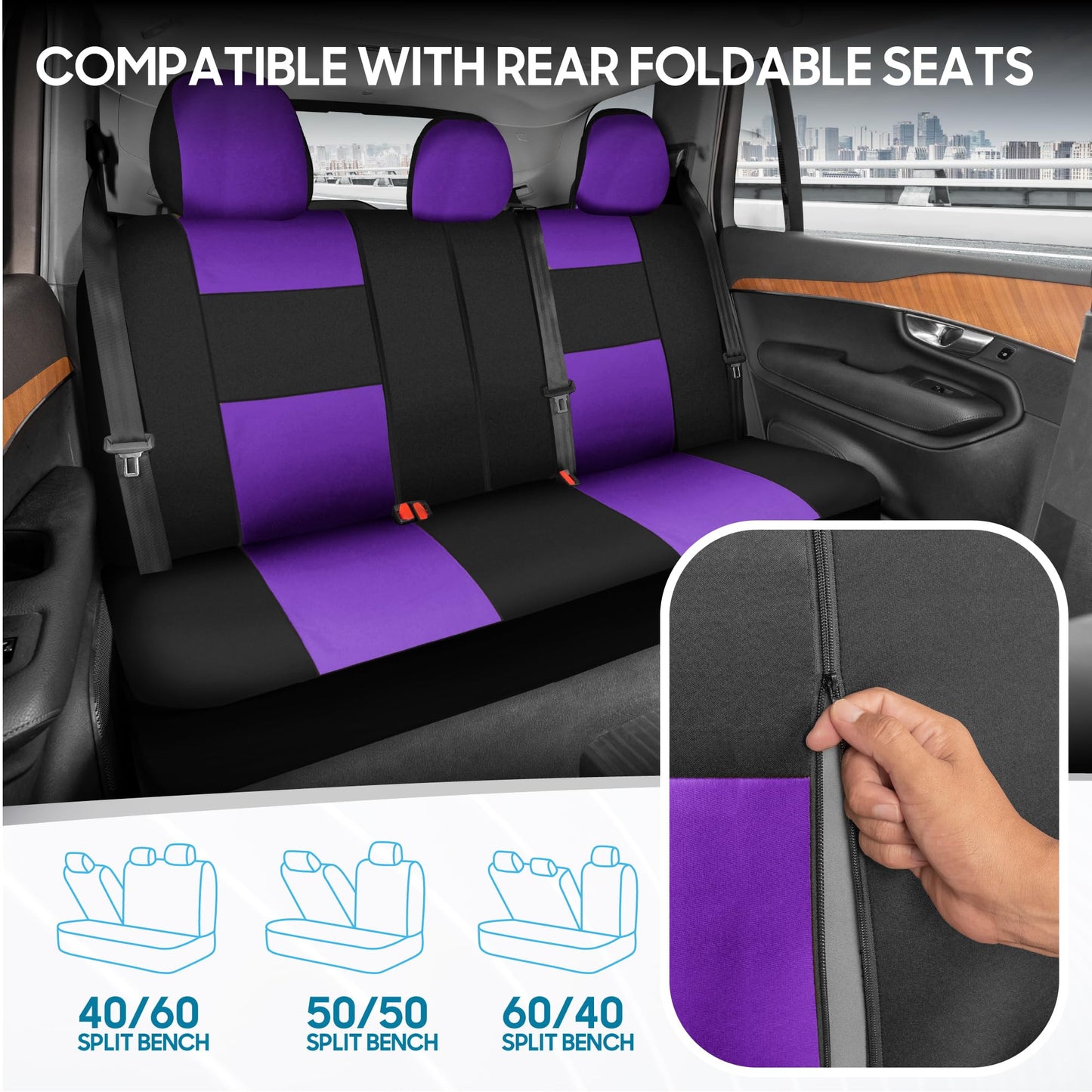 BDK PolyPro Car Seat Covers Full Set in Purple on Black – Front and Rear Split Bench Seat Covers, Easy to Install, Car Accessories for Auto Trucks Van SUV